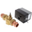 Caleffi Z55P 2-way terminal block valve with black solenoid coil, brass fittings, and 3/4" union press connections.