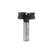 Silver router bit with black cutting head featuring two wing-shaped blades and metal mounting shank.