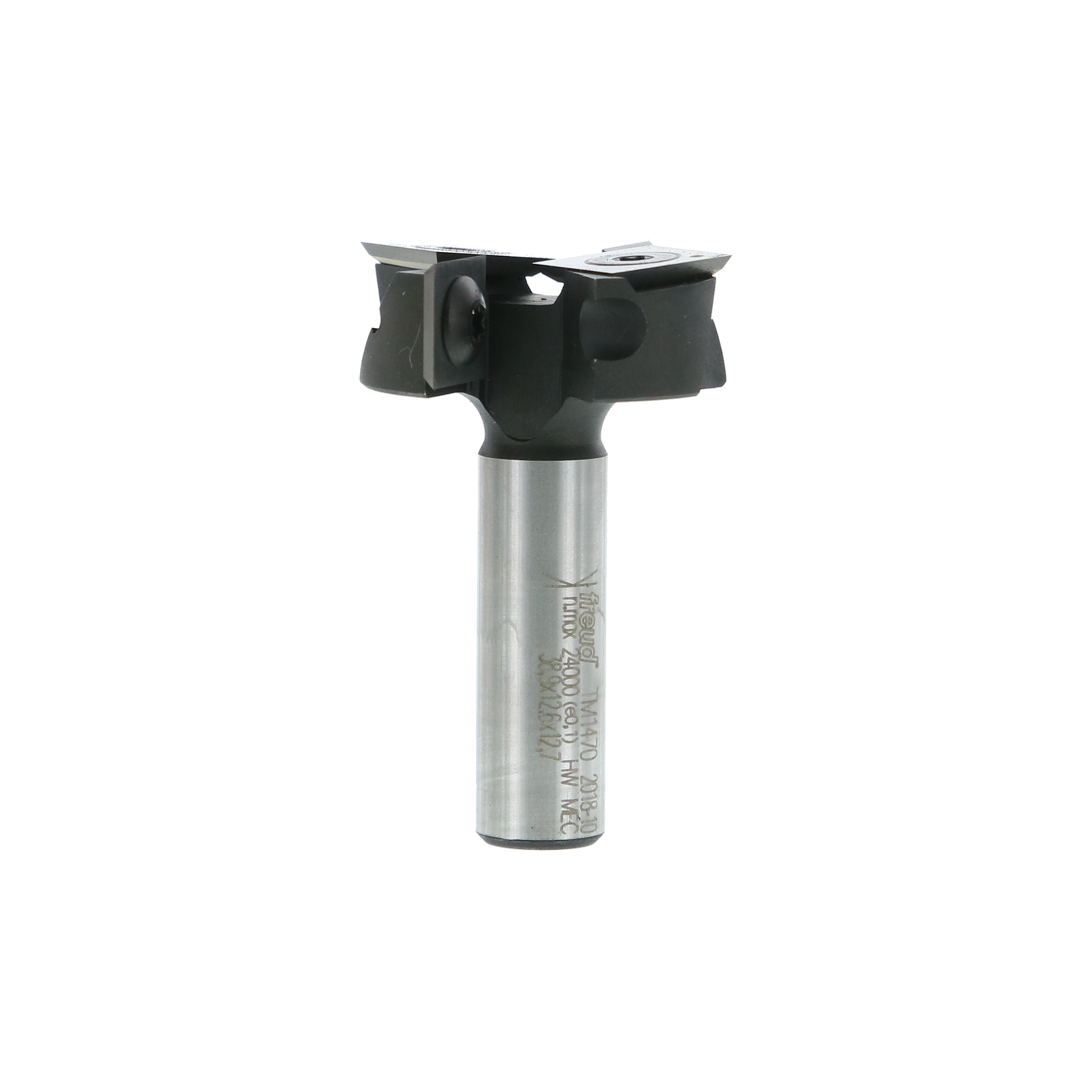 Silver router bit with black cutting head featuring two wing-shaped blades and metal mounting shank.
