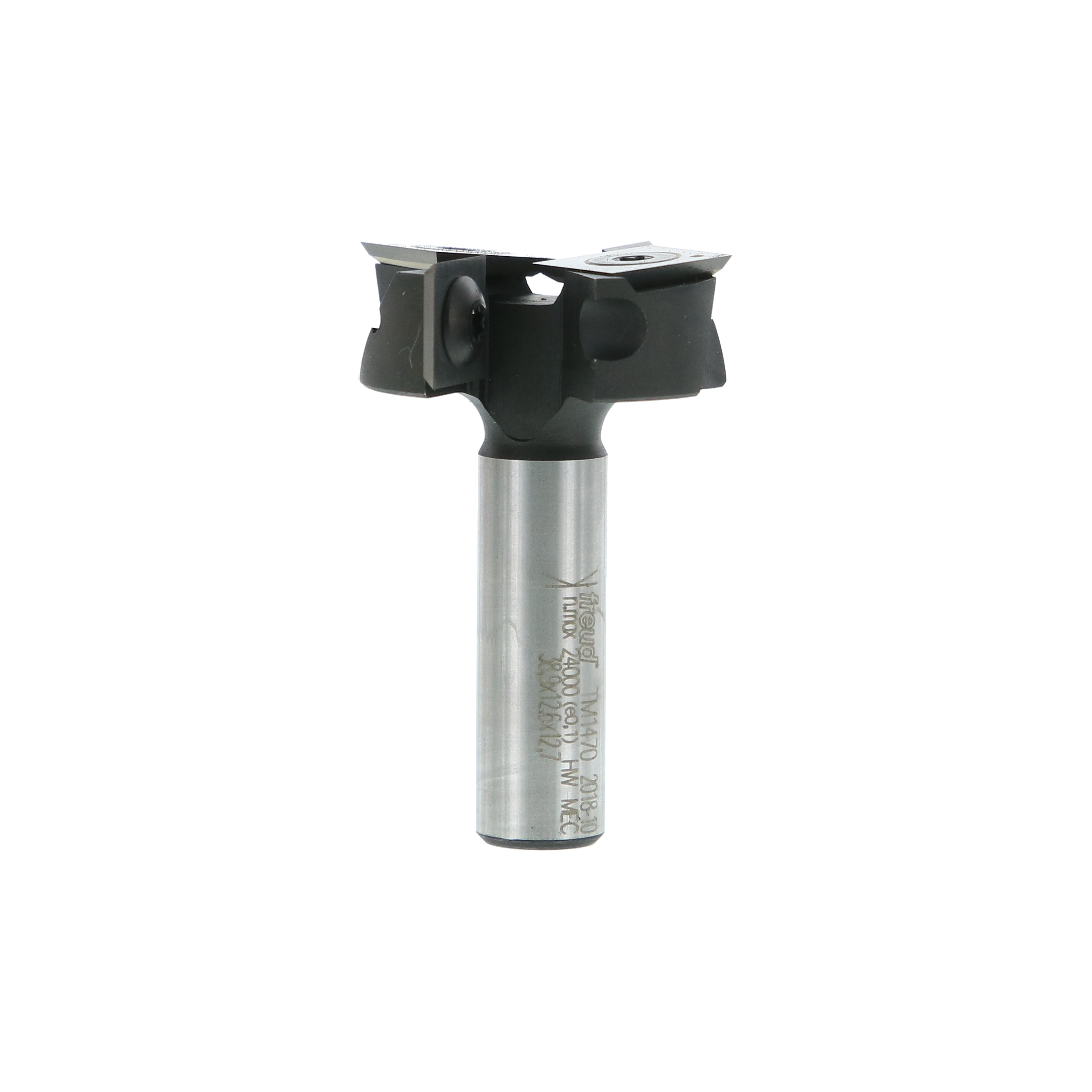 Silver router bit with black cutting head featuring two wing-shaped blades and metal mounting shank.
