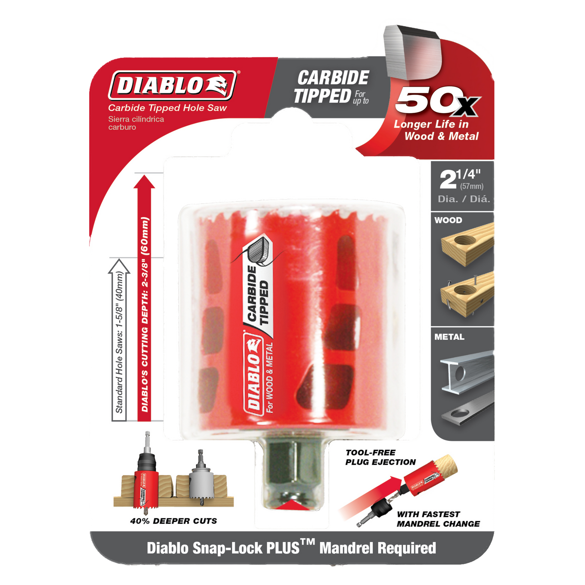 Diablo carbide-tipped holesaw with red cylindrical body, metal cutting head, and green mandrel attachment for wood and metal 