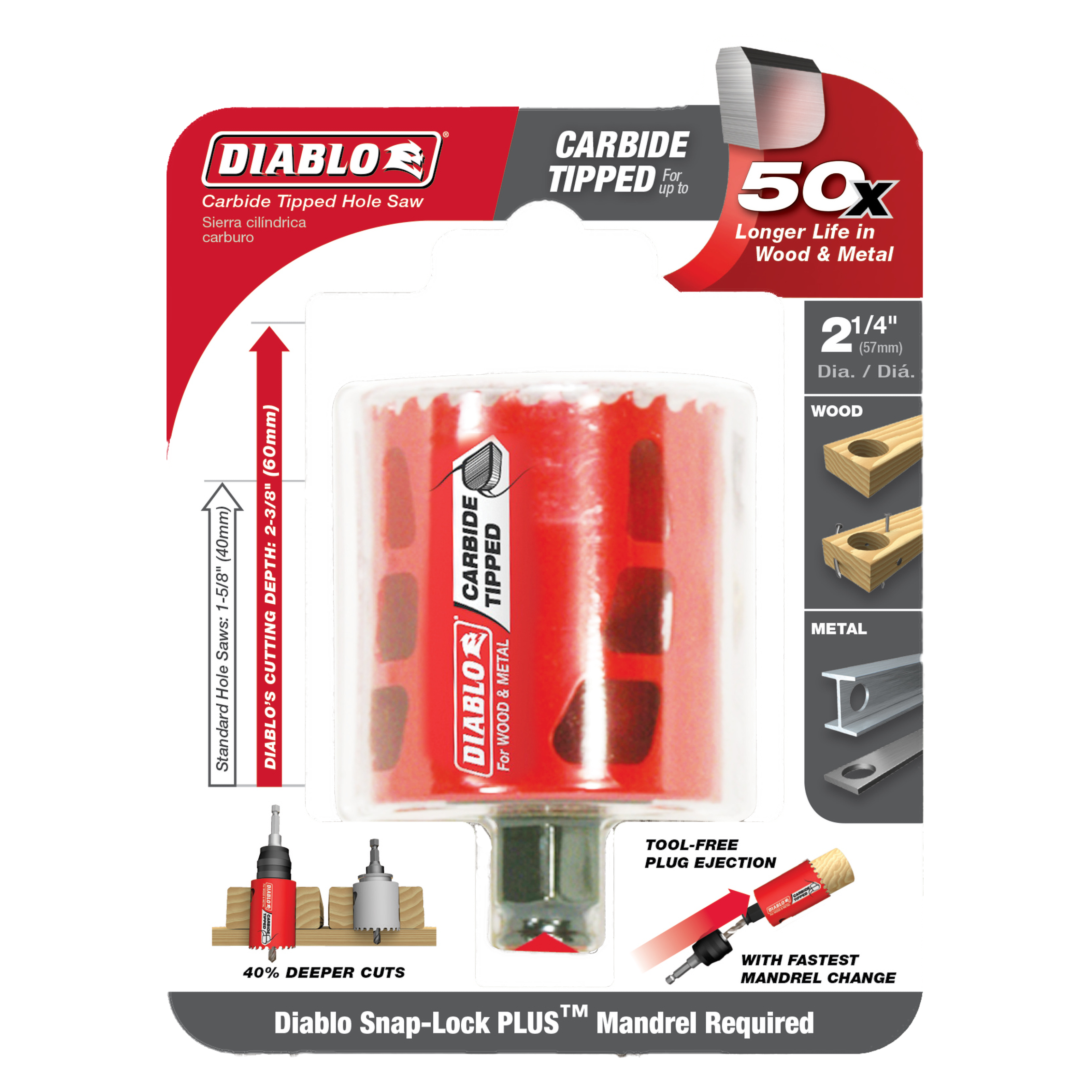 Diablo carbide-tipped holesaw with red cylindrical body, metal cutting head, and green mandrel attachment for wood and metal 