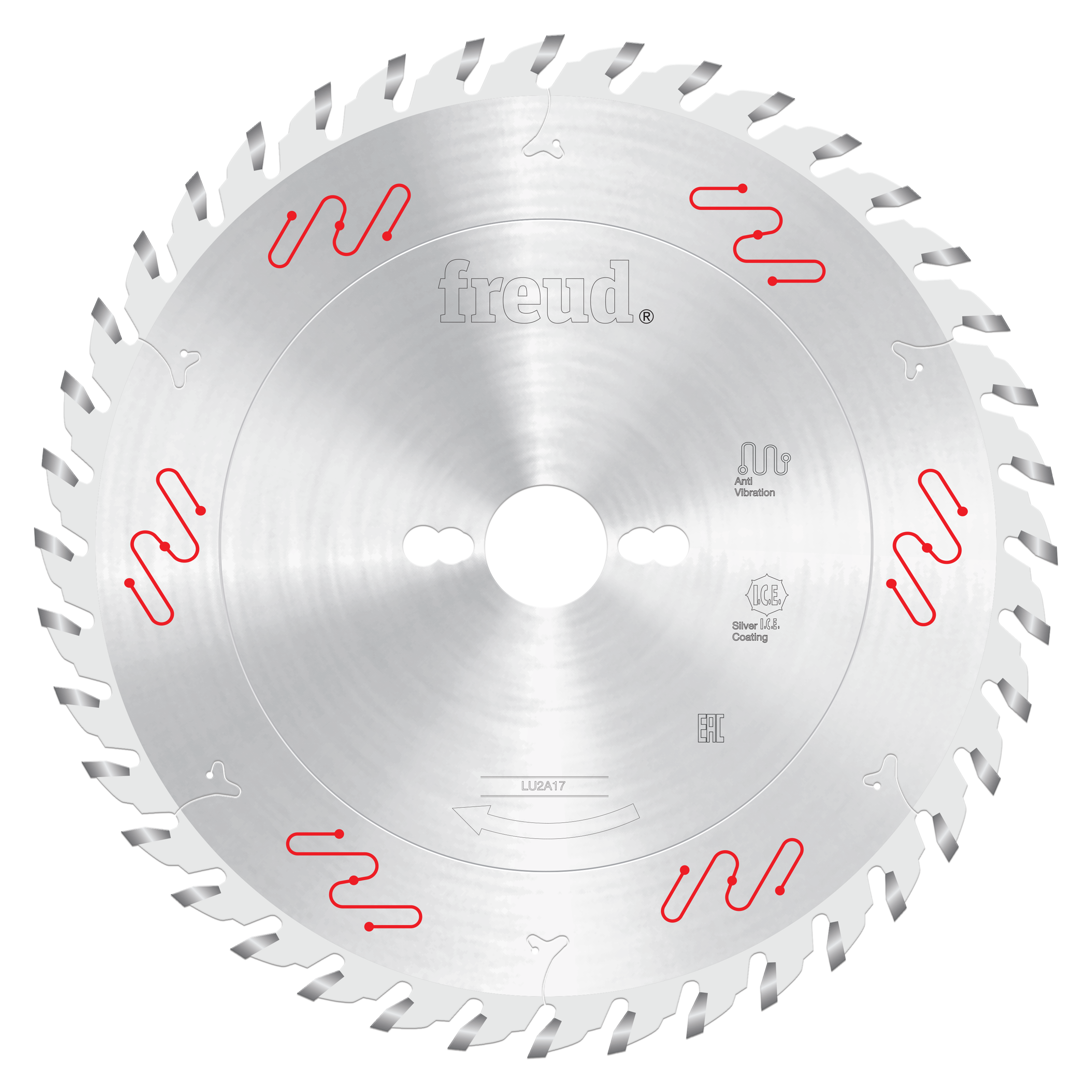 Freud 250mm carbide-tipped circular saw blade with alternating tooth design and center bore hole.