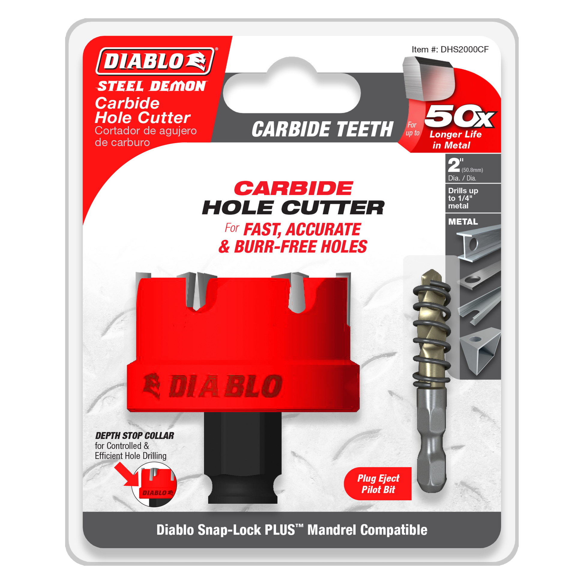 Red and black 2-inch carbide hole cutter with depth stop collar and pilot bit on packaging card.
