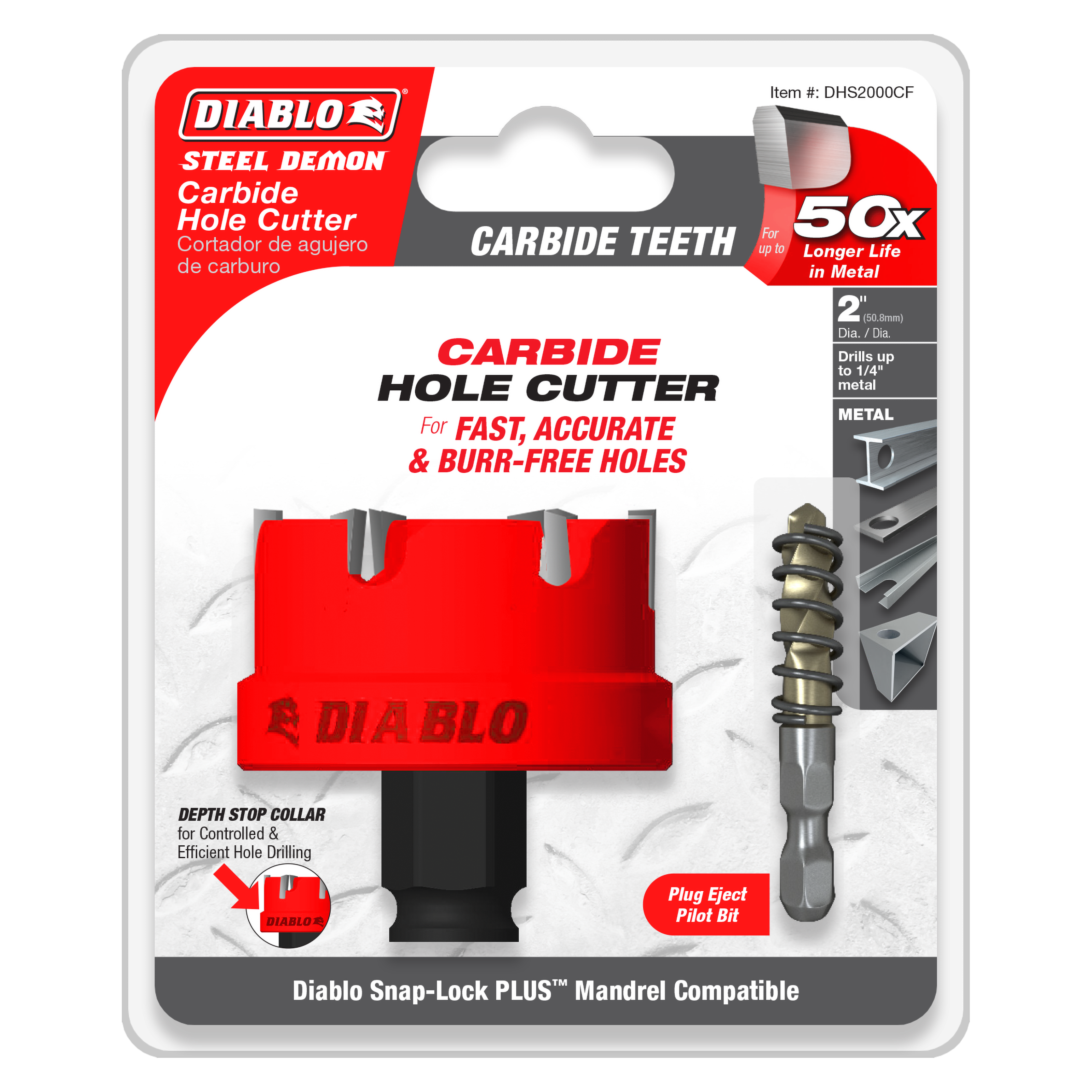 Red and black 2-inch carbide hole cutter with depth stop collar and pilot bit on packaging card.