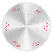 Circular saw blade with silver carbide-tipped teeth around perimeter, white center hole, and red markings on brushed metal su