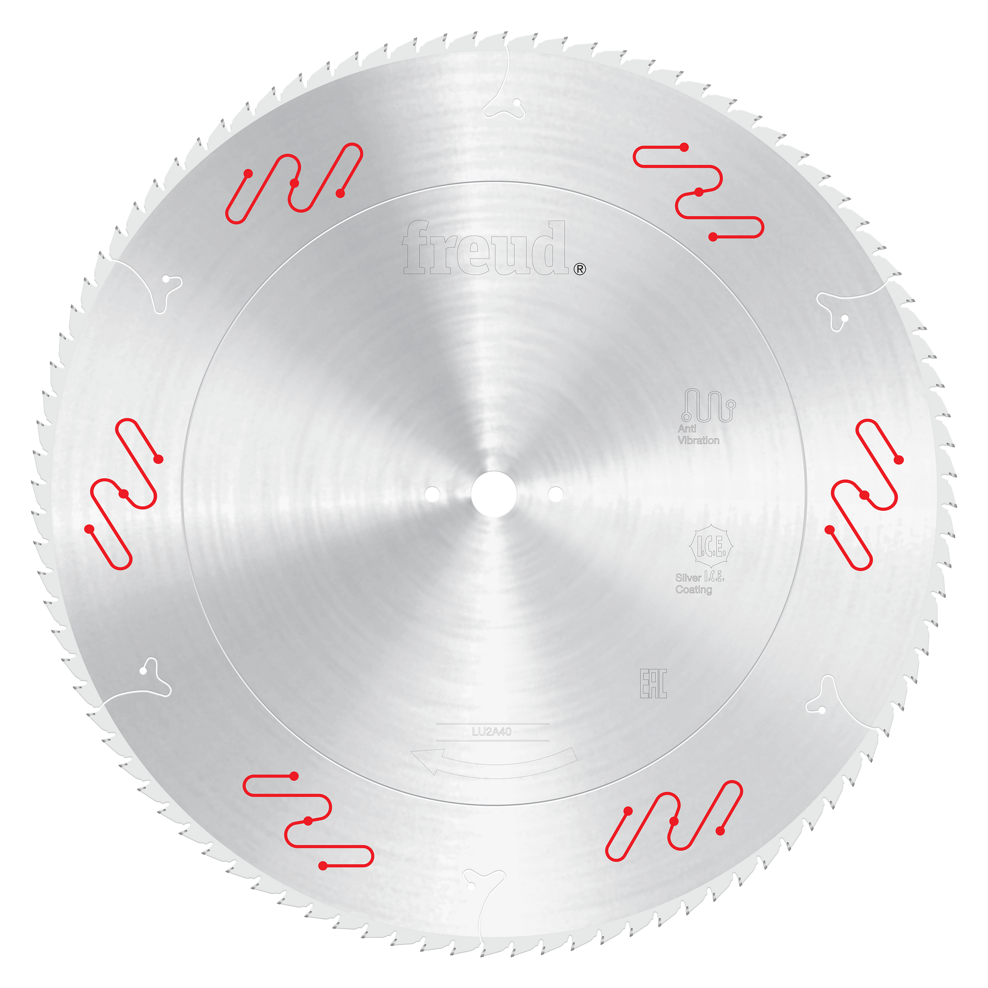 Circular saw blade with silver carbide-tipped teeth around perimeter, white center hole, and red markings on brushed metal su