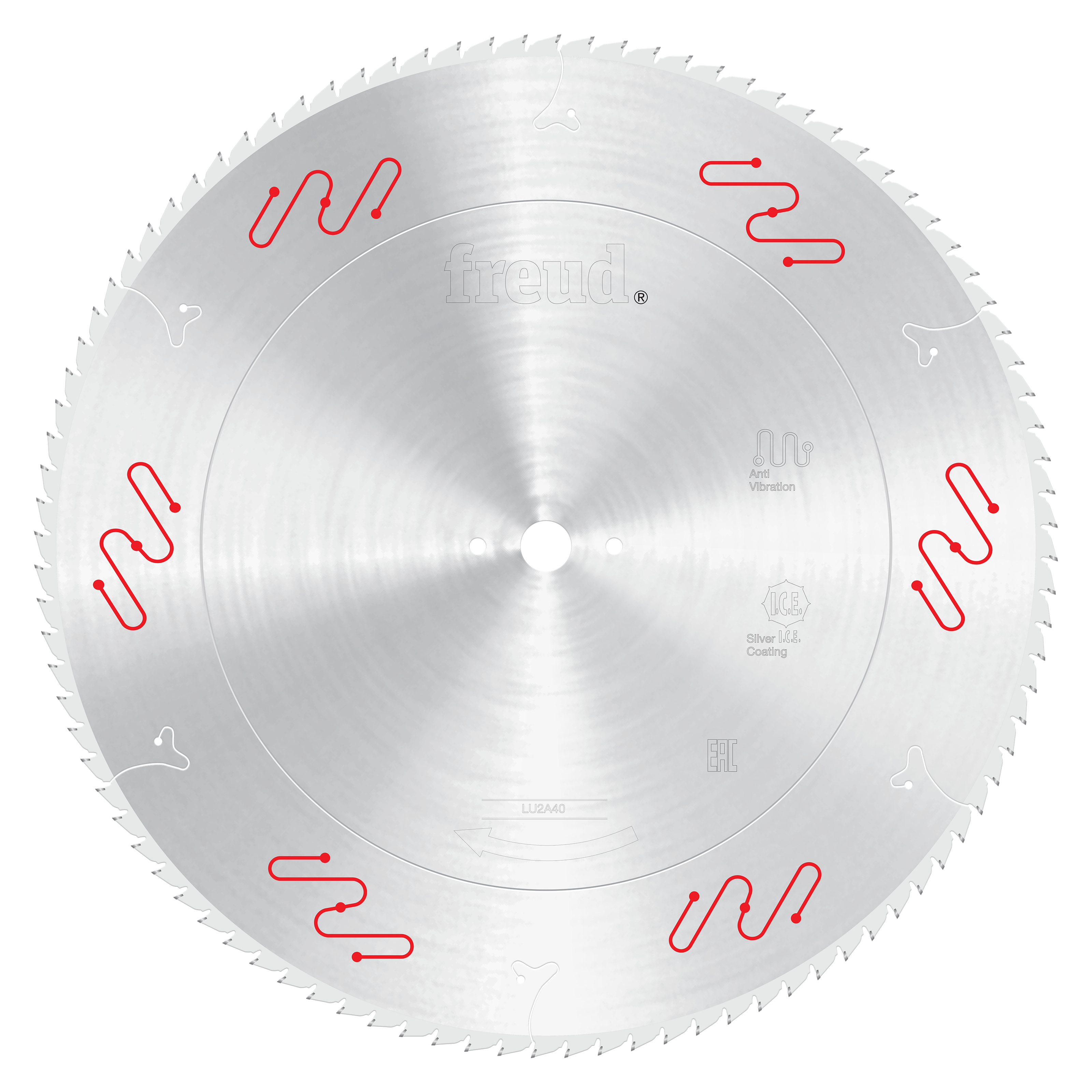 Circular saw blade with silver carbide-tipped teeth around perimeter, white center hole, and red markings on brushed metal su