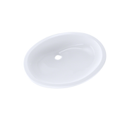 White oval undermount bathroom sink with single faucet hole, viewed from above.
