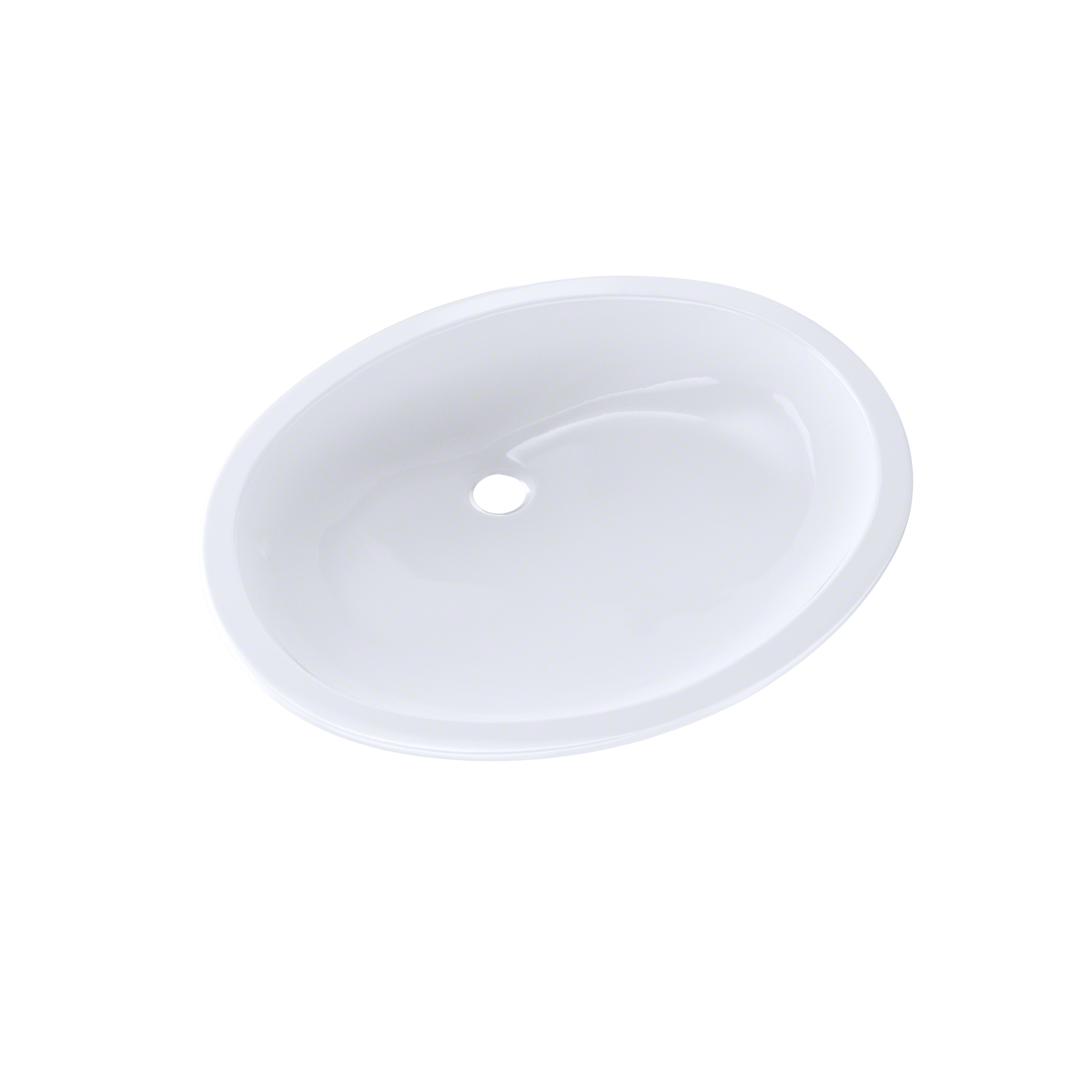 White oval undermount bathroom sink with single faucet hole, viewed from above.