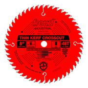 Red circular saw blade with 48 teeth, thin kerf design, 8-inch diameter, white center arbor hole, and gray tooth tips.