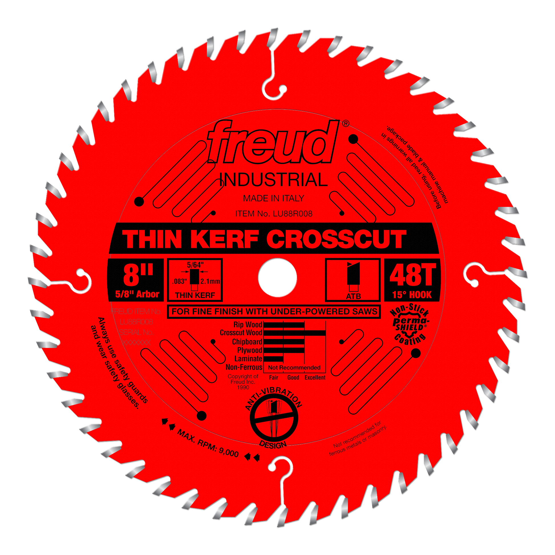 Red circular saw blade with 48 teeth, thin kerf design, 8-inch diameter, white center arbor hole, and gray tooth tips.