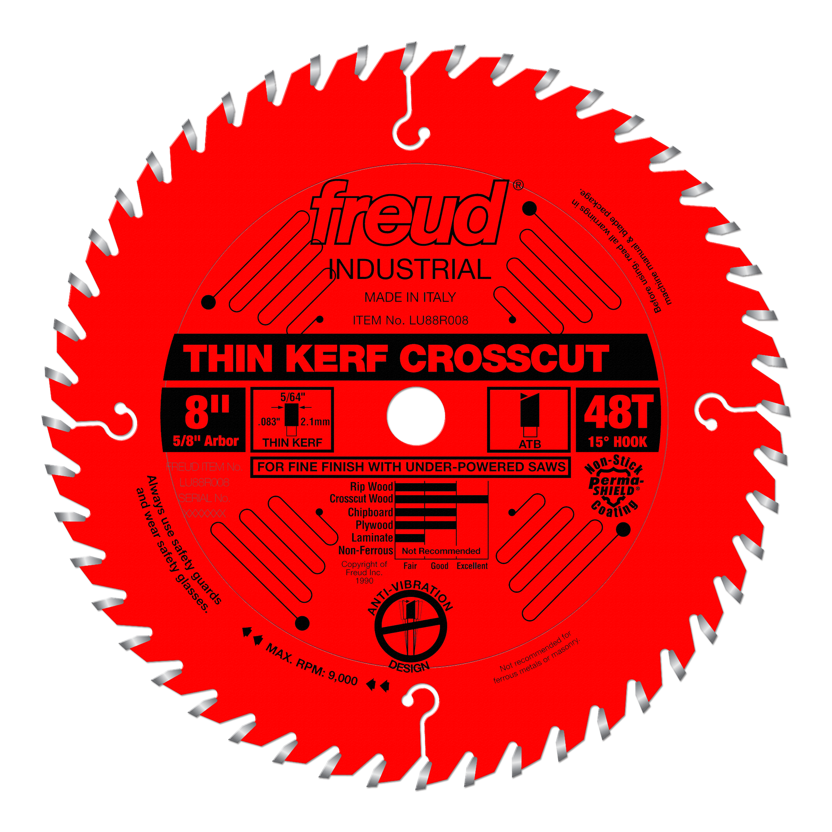 Red circular saw blade with 48 teeth, thin kerf design, 8-inch diameter, white center arbor hole, and gray tooth tips.