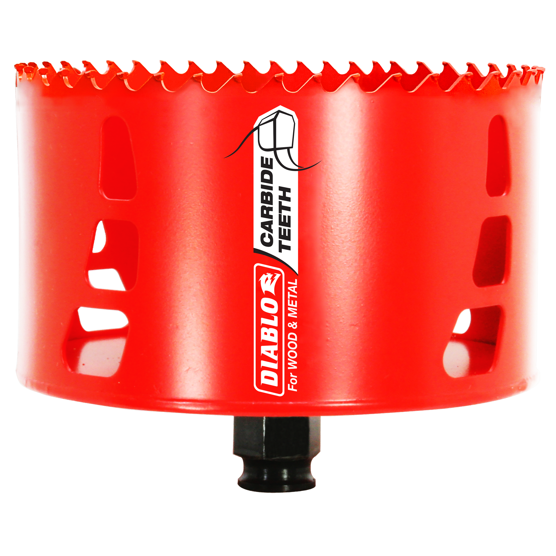 Red carbide-toothed hole saw with black arbor shaft and Diablo branding on cylindrical body.