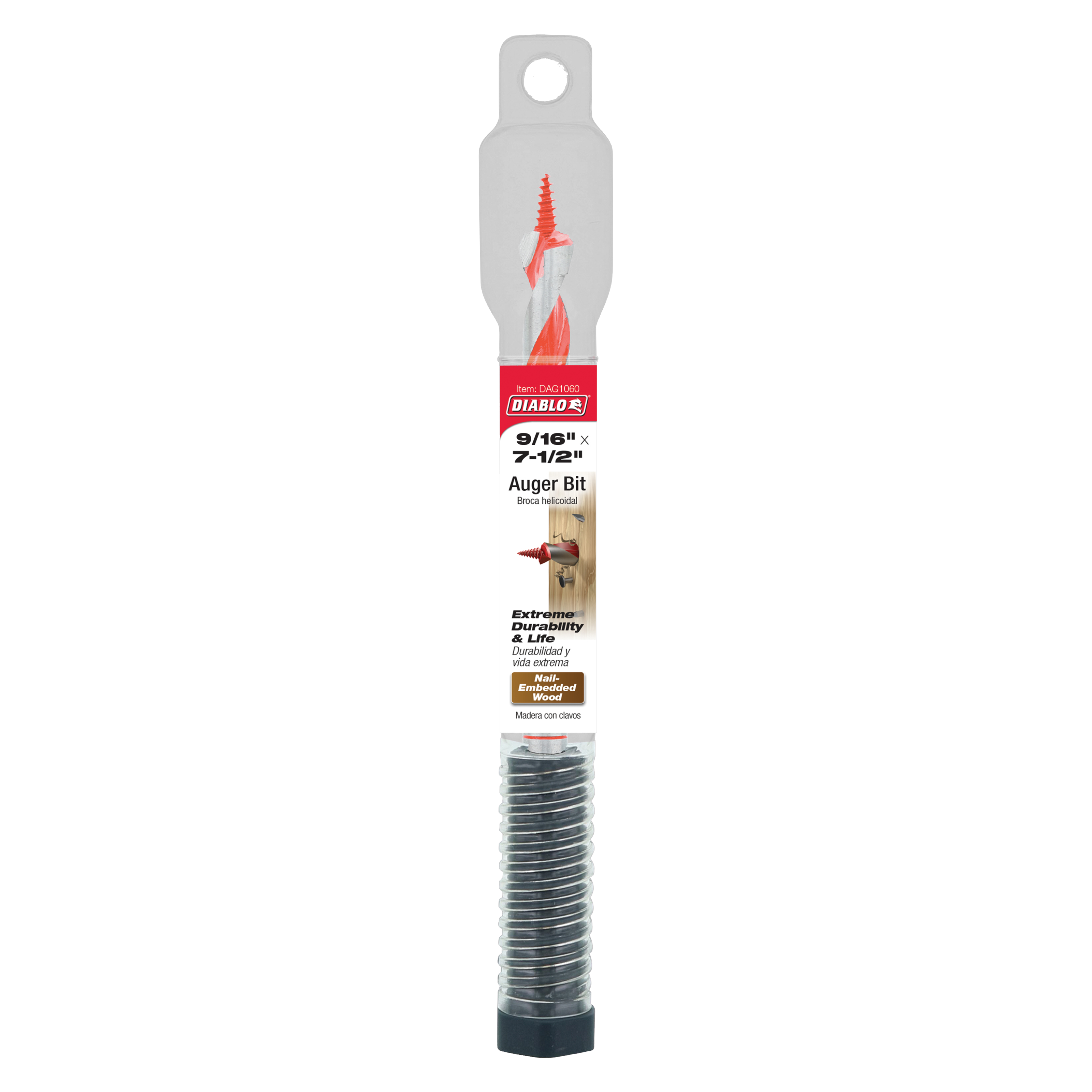 Diablo 9/16 inch by 7-1/2 inch auger bit with red spiral flutes and gray plastic packaging sleeve.
