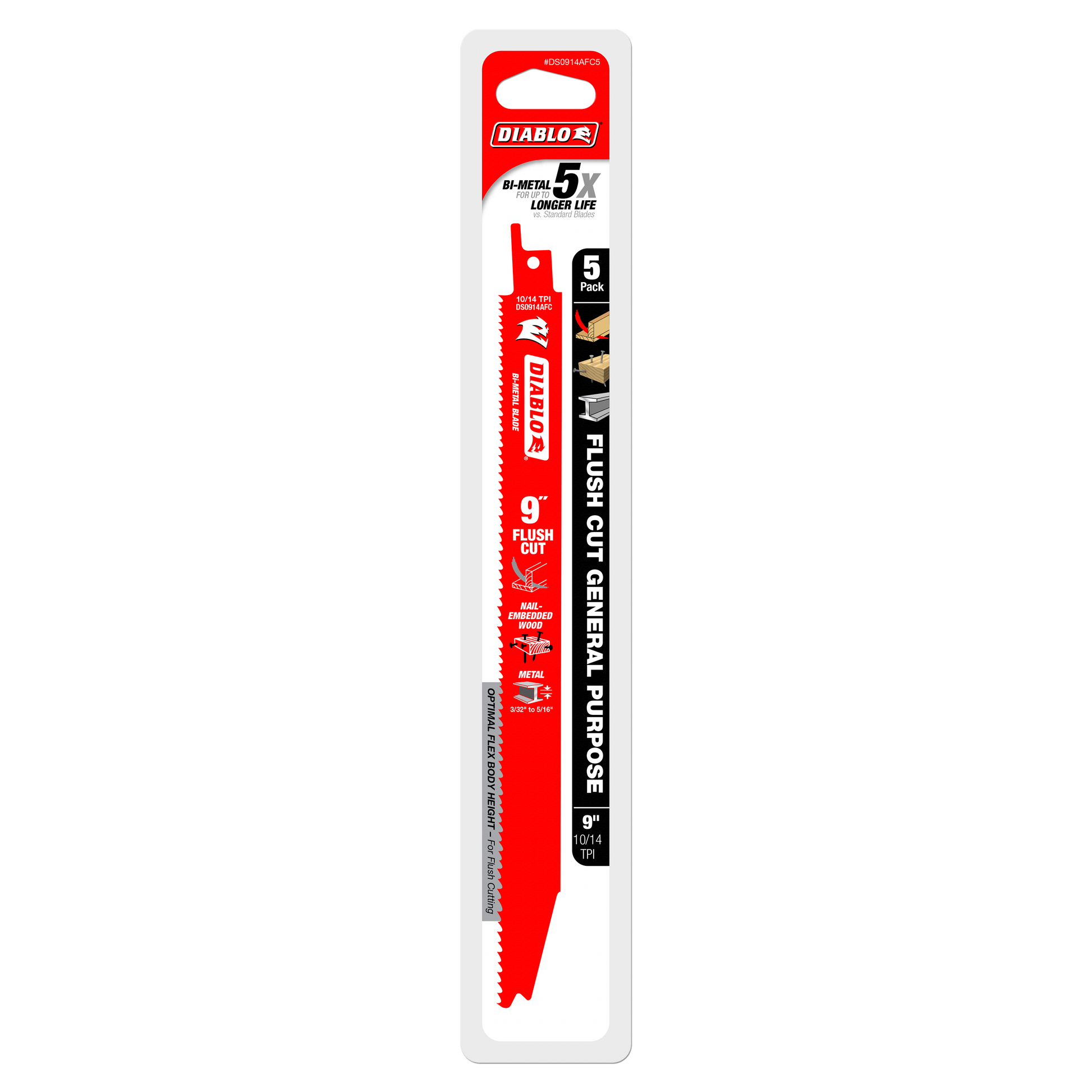Five 9-inch Diablo bi-metal flush cut reciprocating saw blades in red and black packaging.