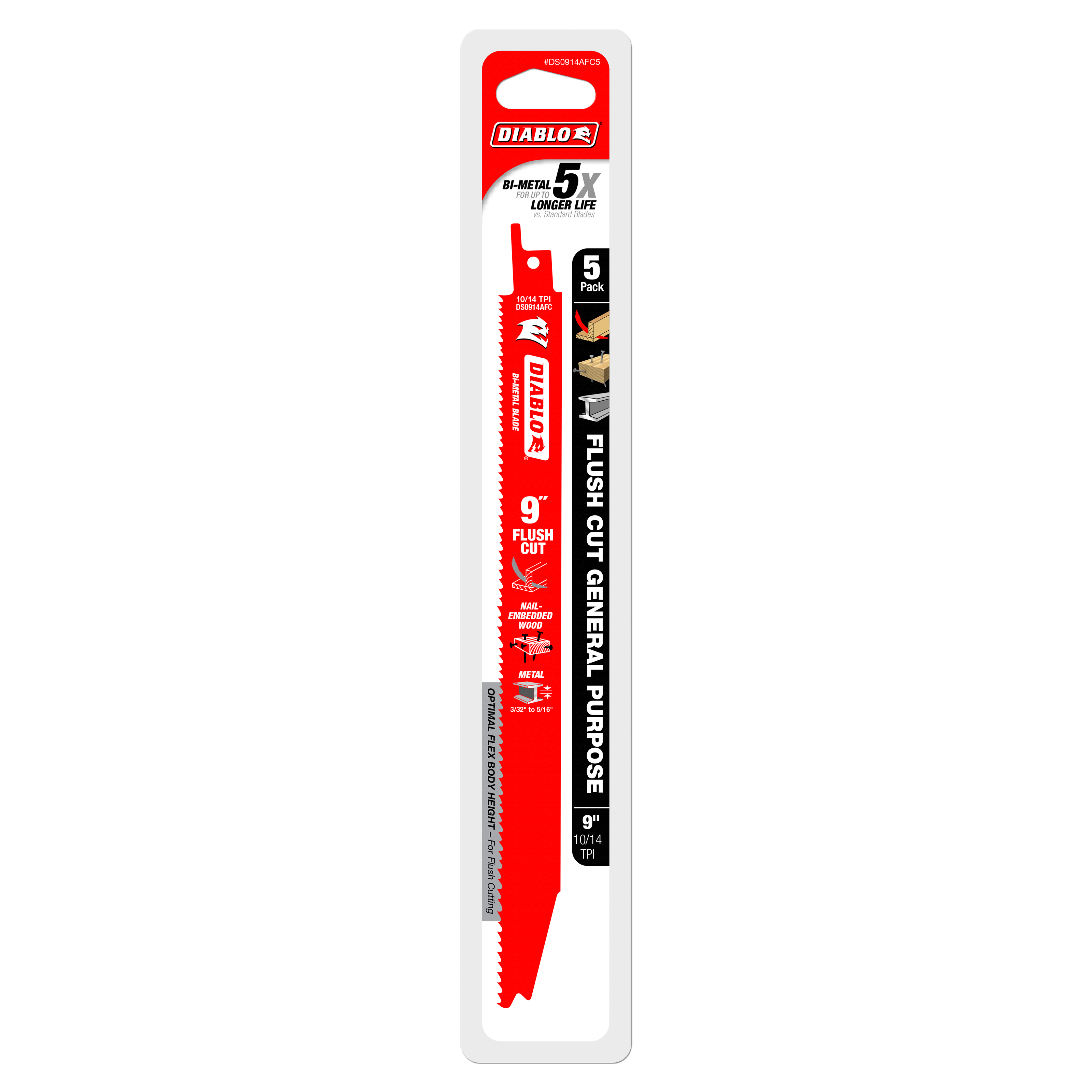 Five 9-inch Diablo bi-metal flush cut reciprocating saw blades in red and black packaging.