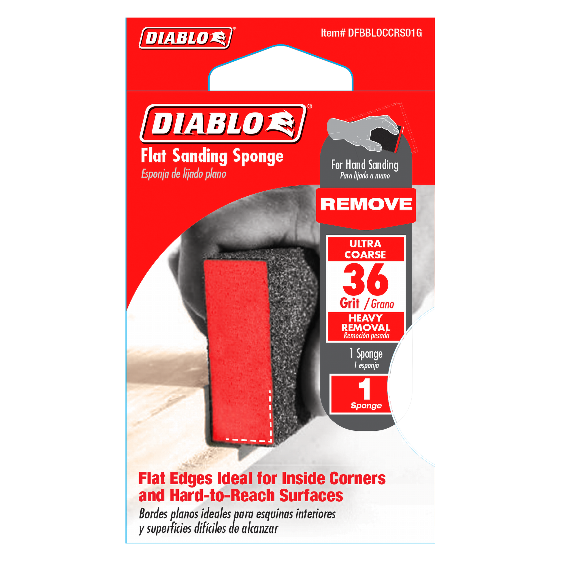 Flat rectangular sanding sponge with red and dark gray sides, 36-grit ultra coarse abrasive.