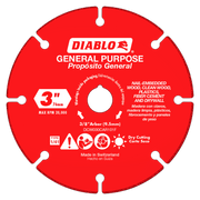Red 3-inch carbide cut-off wheel with white notches around the edge and center arbor hole, labeled for general purpose cuttin