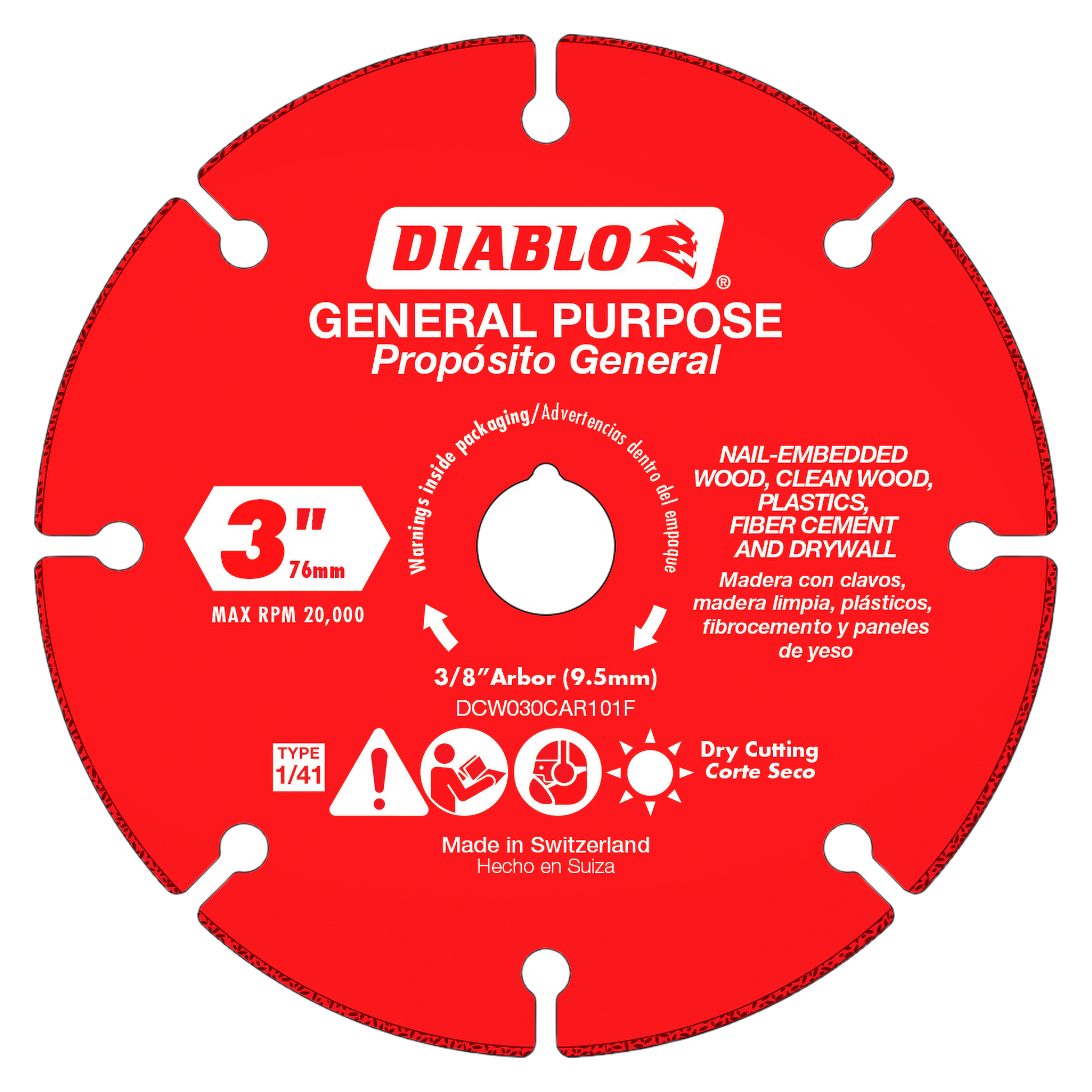 Red 3-inch carbide cut-off wheel with white notches around the edge and center arbor hole, labeled for general purpose cuttin