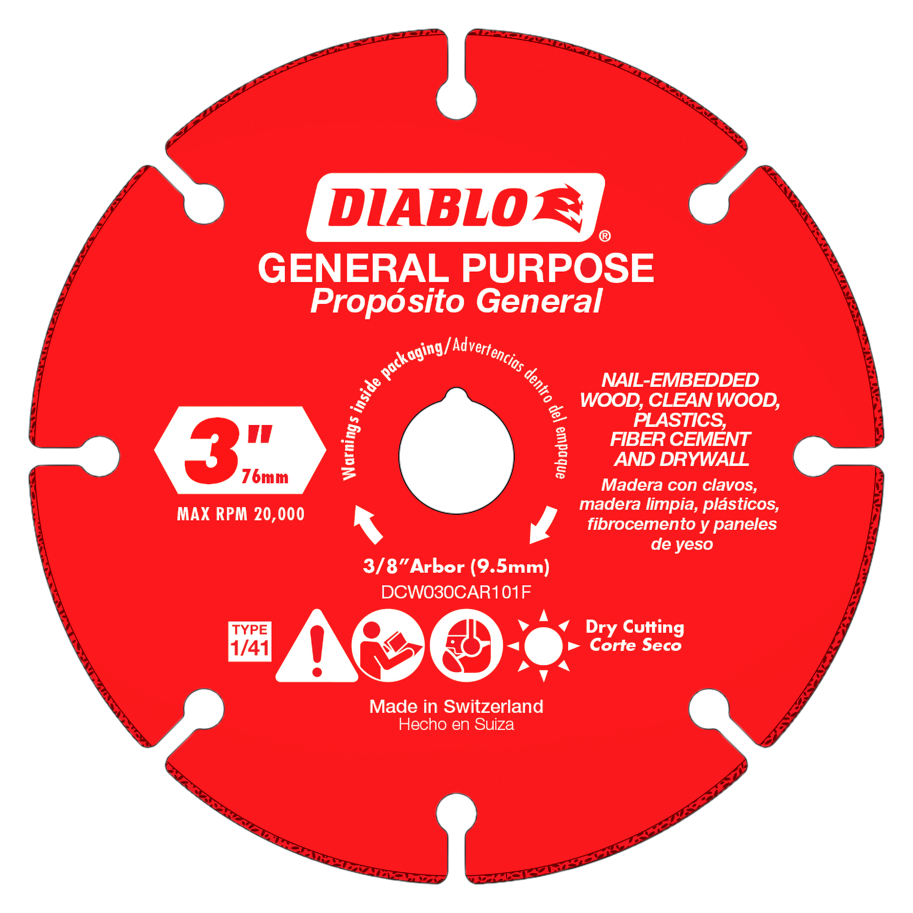 Red 3-inch carbide cut-off wheel with white notches around the edge and center arbor hole, labeled for general purpose cuttin