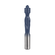 Blue and silver spiral router bit with cylindrical shank and fluted cutting head.