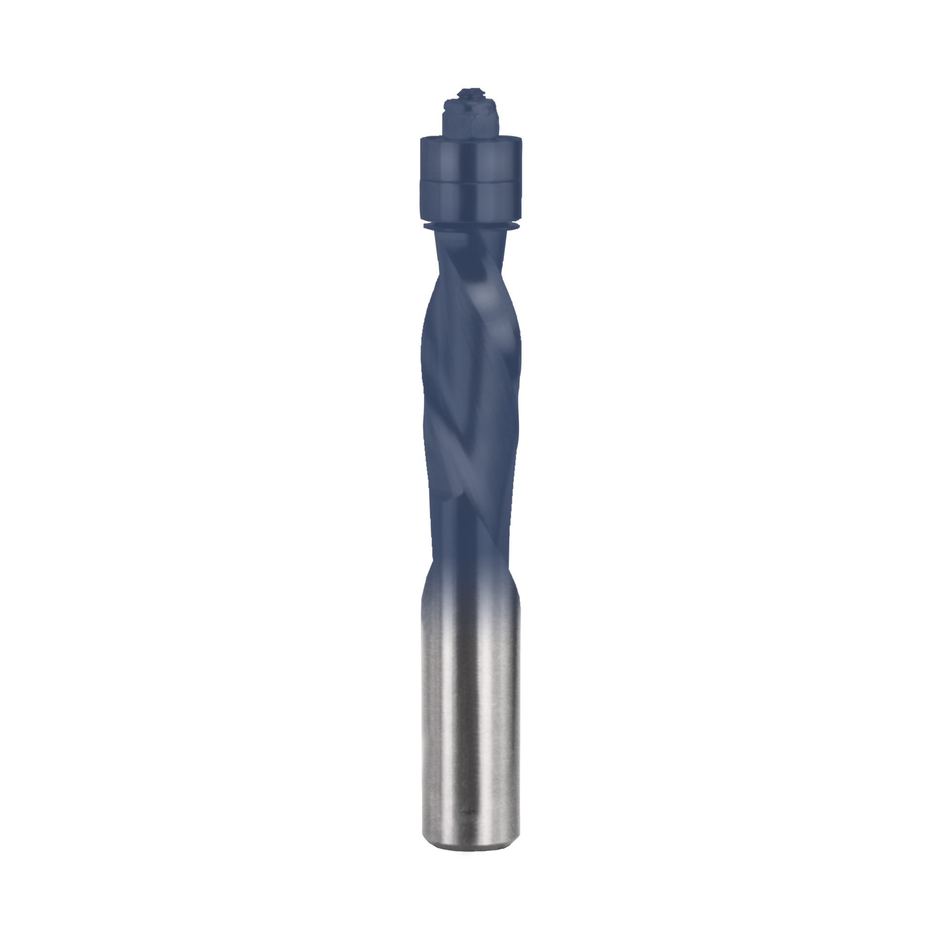 Blue and silver spiral router bit with cylindrical shank and fluted cutting head.