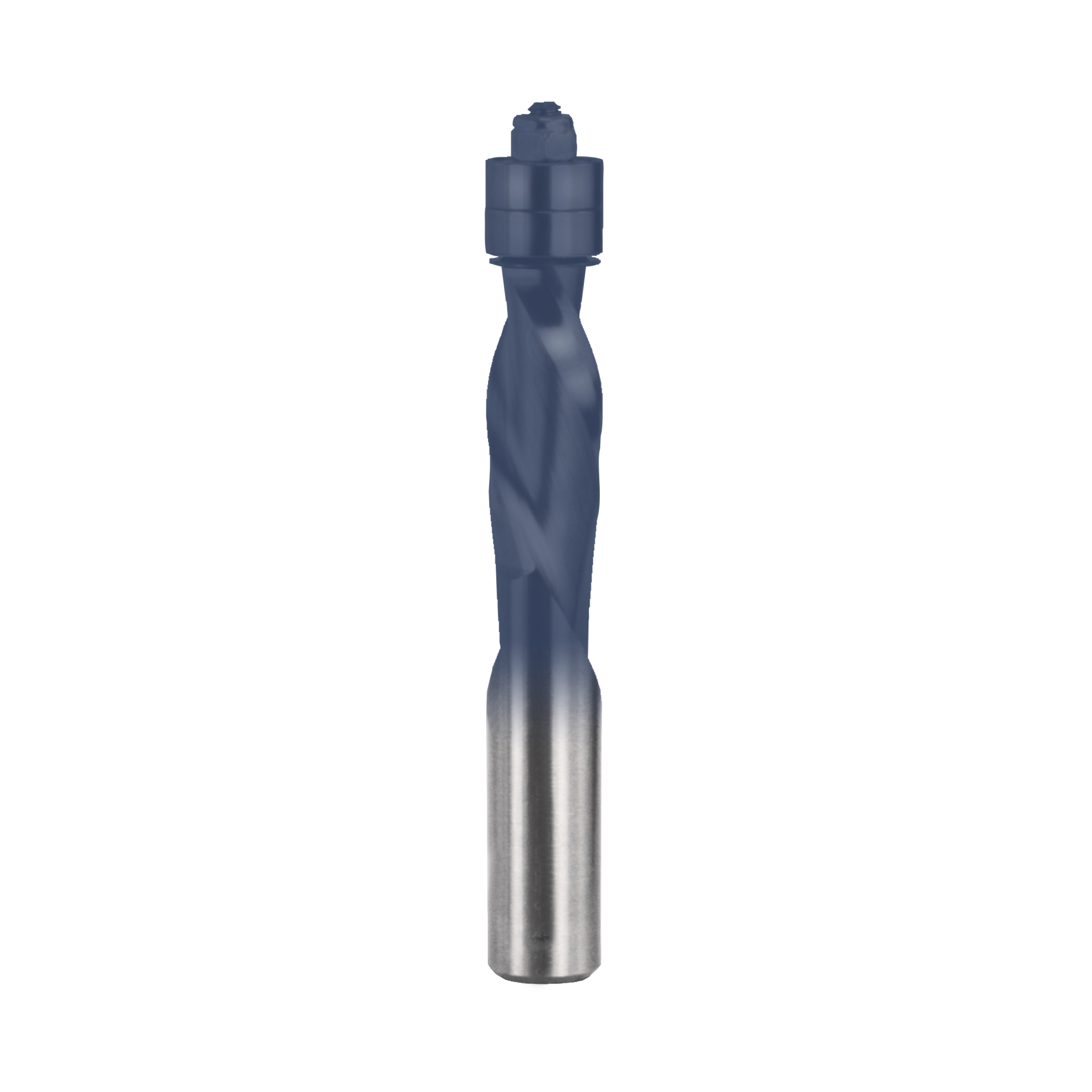 Blue and silver spiral router bit with cylindrical shank and fluted cutting head.