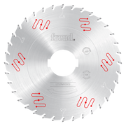 Circular saw blade with silver finish, central arbor hole, multiple teeth around edge, and red wavy lines indicating cutting 