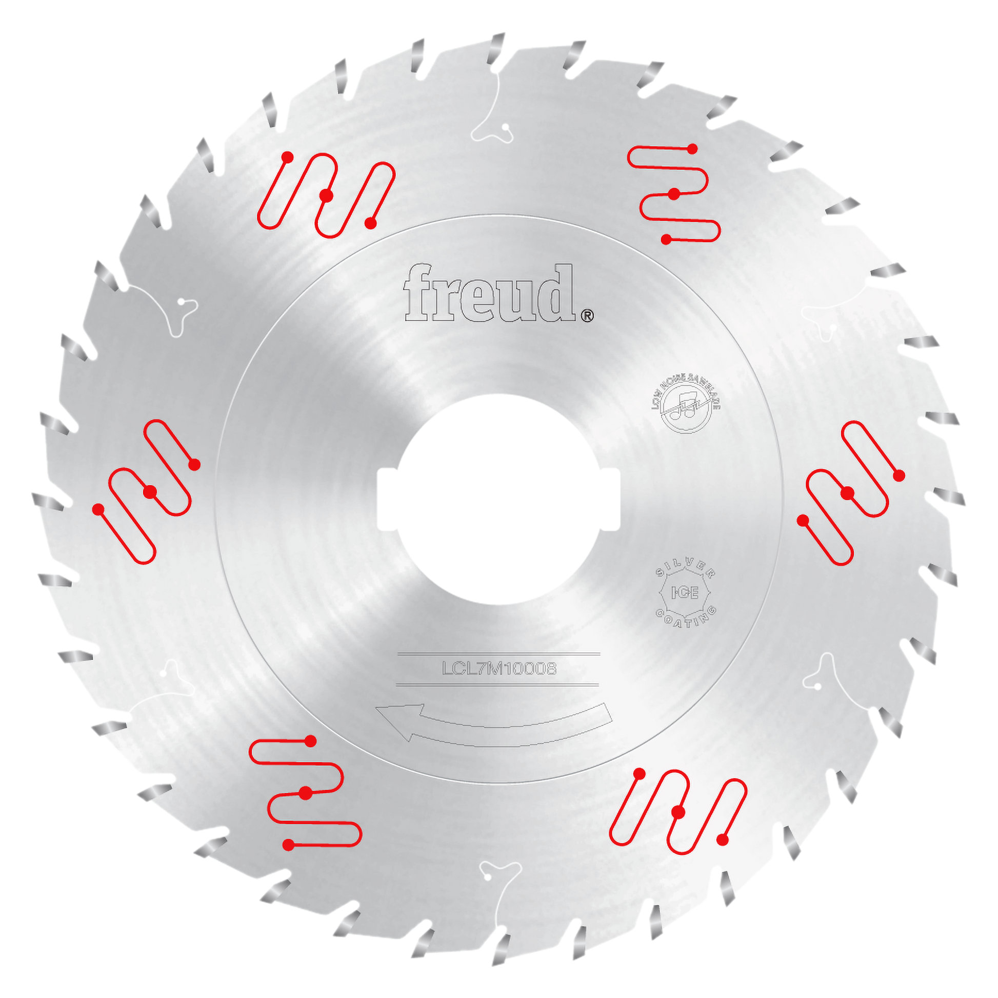 Circular saw blade with silver finish, central arbor hole, multiple teeth around edge, and red wavy lines indicating cutting 