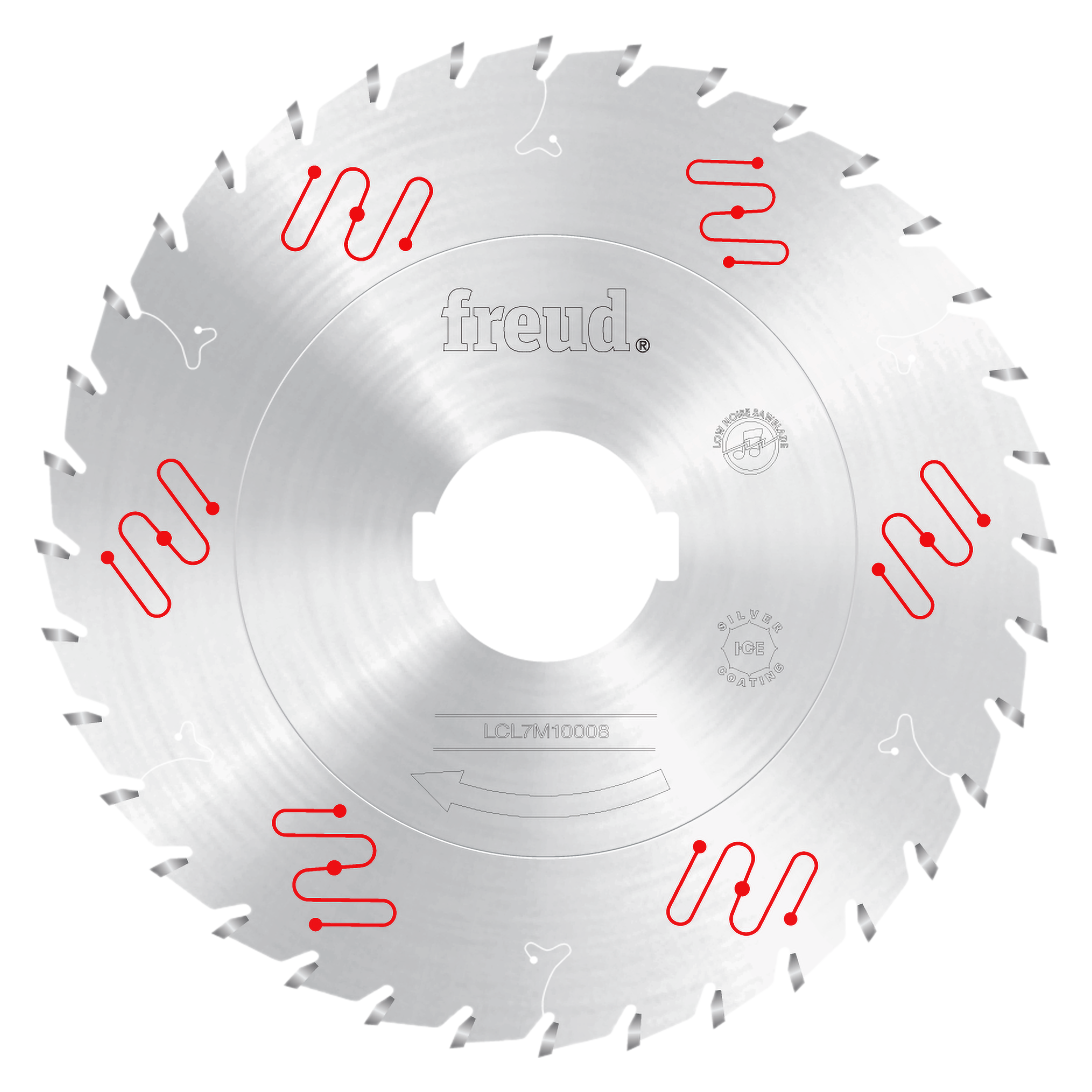 Circular saw blade with silver finish, central arbor hole, multiple teeth around edge, and red wavy lines indicating cutting 