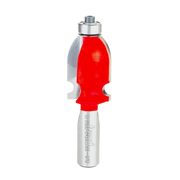 Red and silver Freud face molding router bit with decorative curved cutting profile and cylindrical shank.