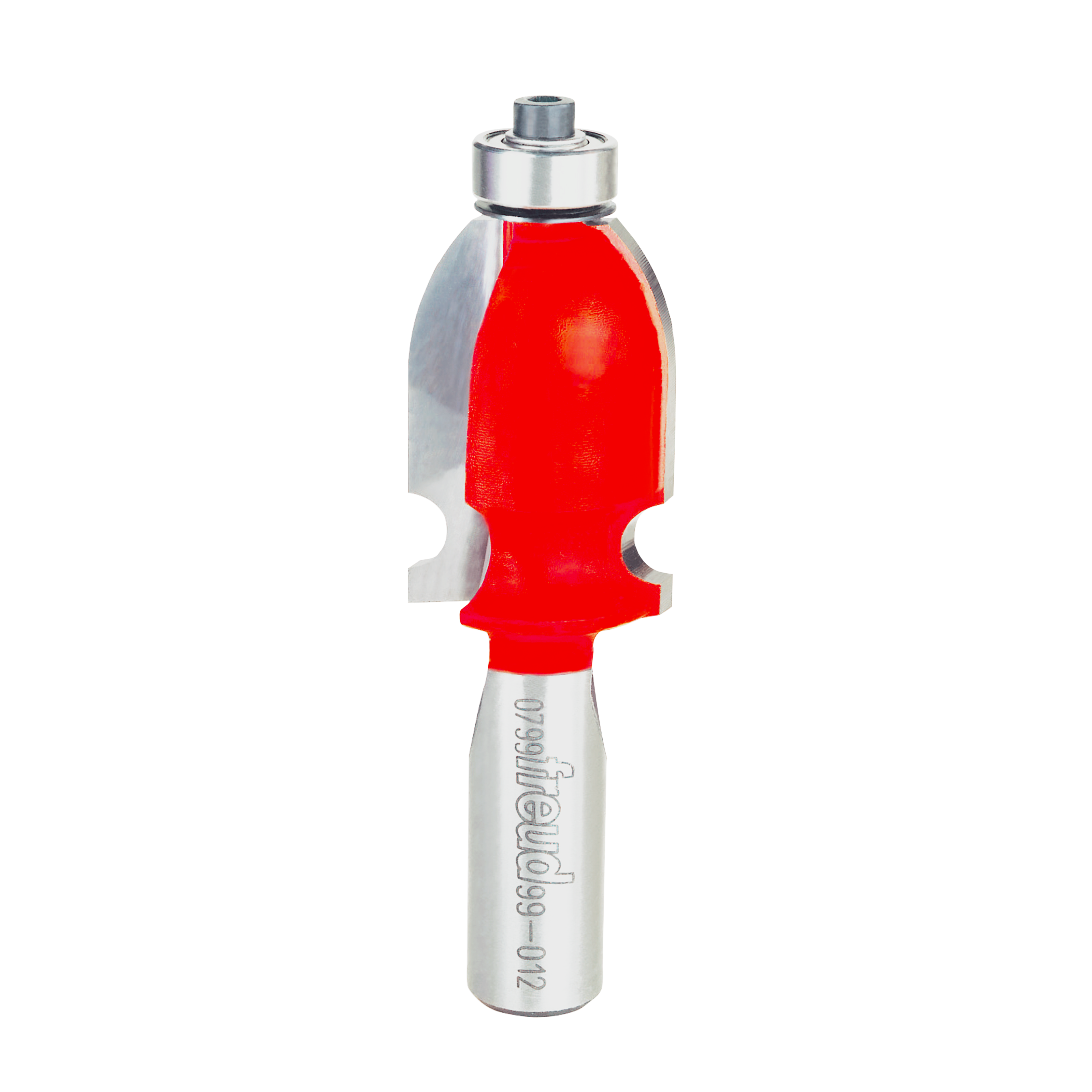 Red and silver Freud face molding router bit with decorative curved cutting profile and cylindrical shank.