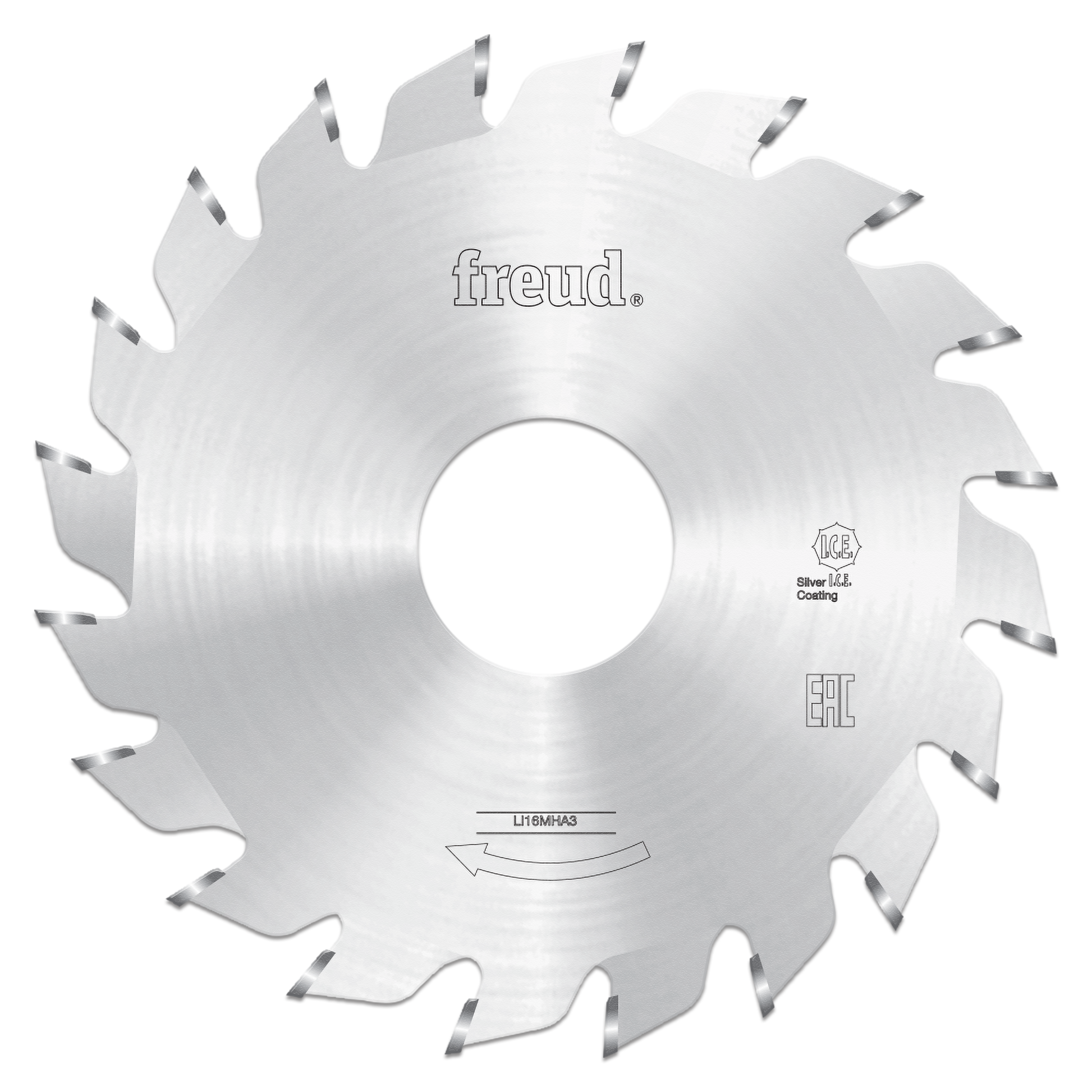 Freud 80mm split scoring saw blade with alternating tooth design and silver coating, viewed from front.
