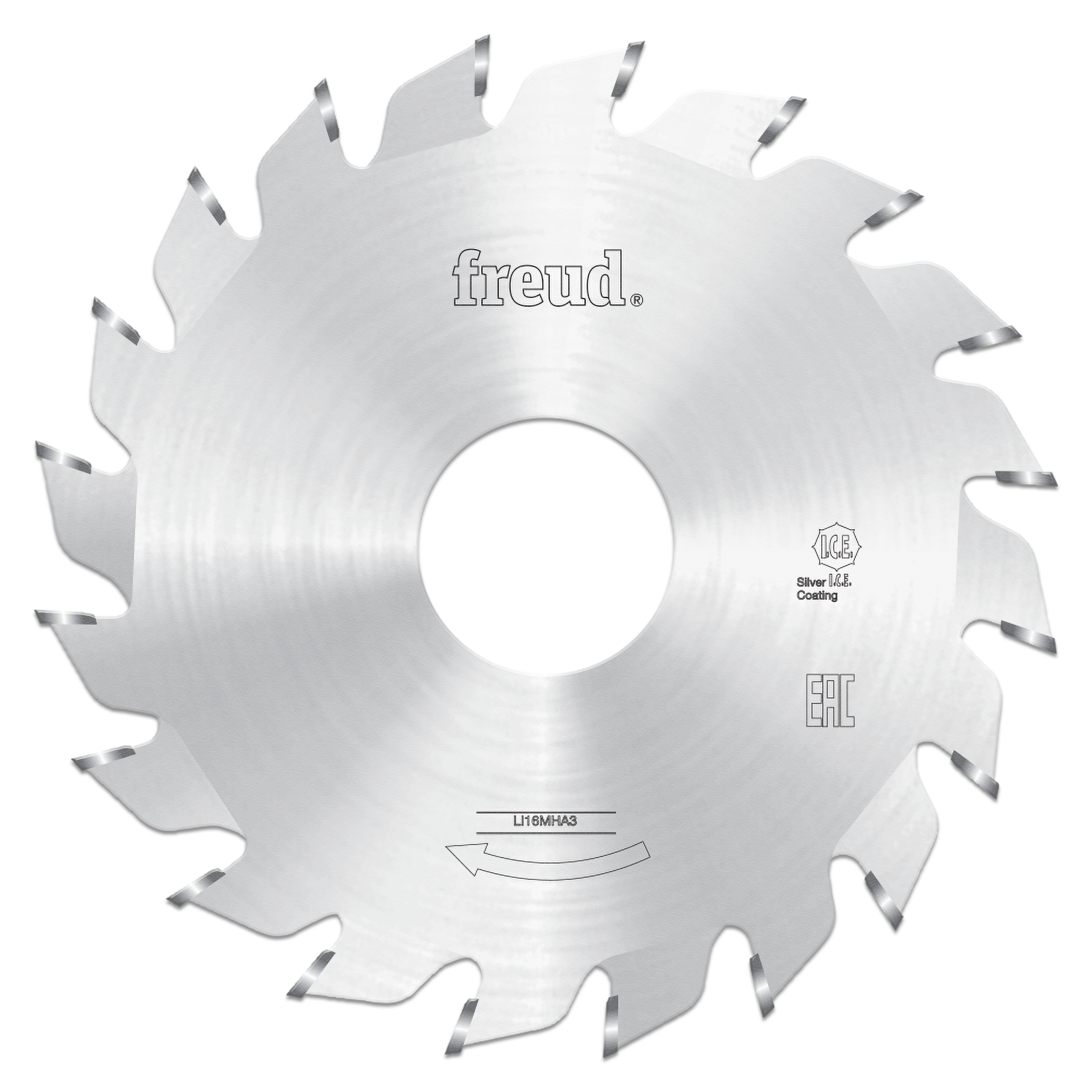 Freud 80mm split scoring saw blade with alternating tooth design and silver coating, viewed from front.