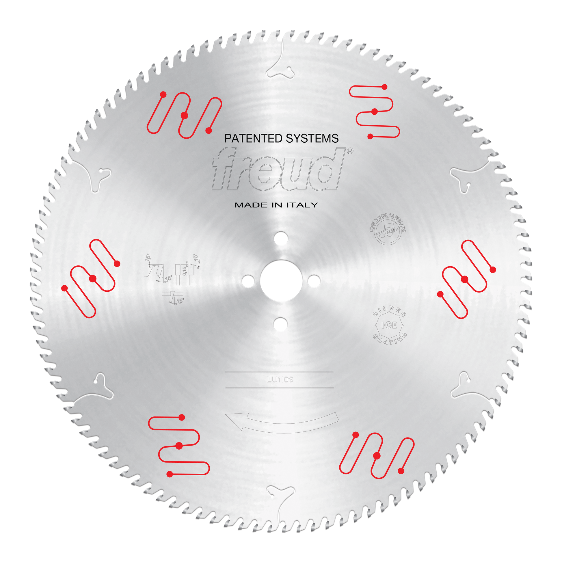 Freud 350mm circular saw blade with carbide-tipped teeth and central mounting hole, marked "Made in Italy."