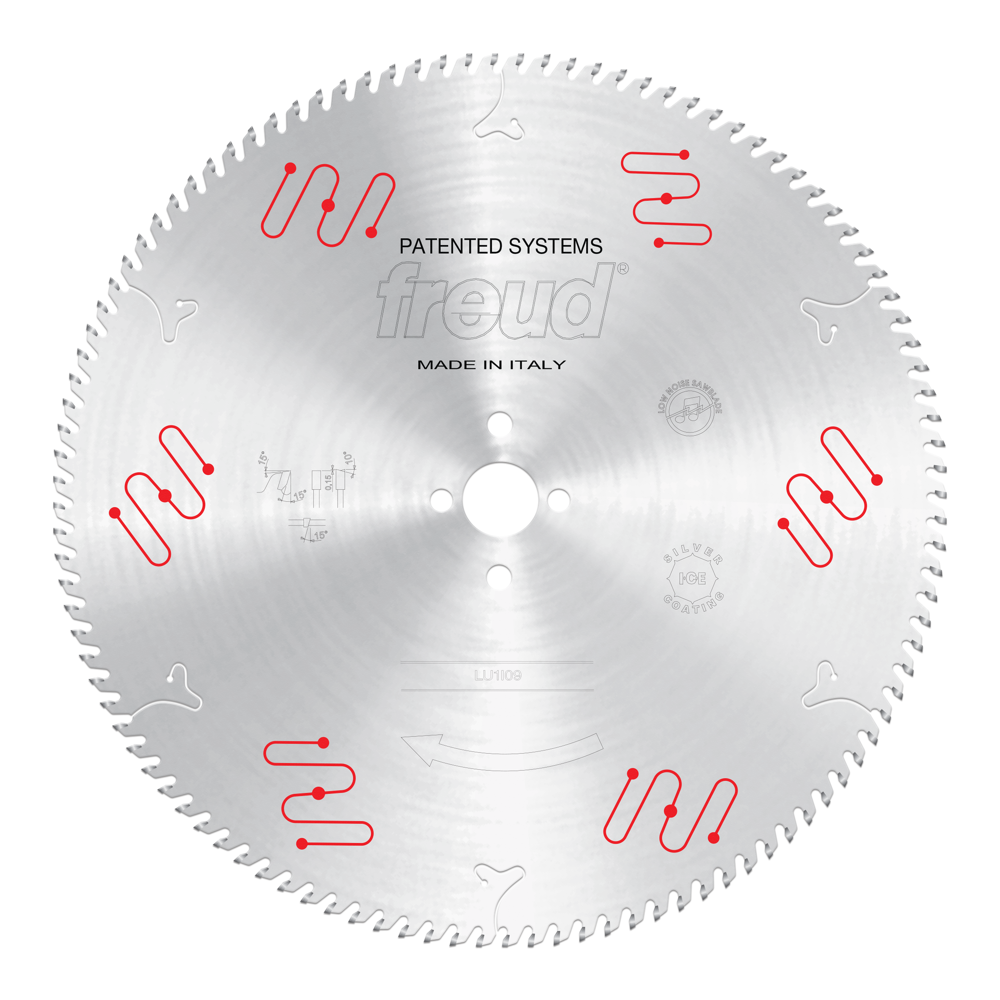 Freud 350mm circular saw blade with carbide-tipped teeth and central mounting hole, marked "Made in Italy."