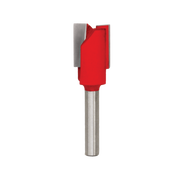 Red and silver straight router bit with two flutes and cylindrical shank.