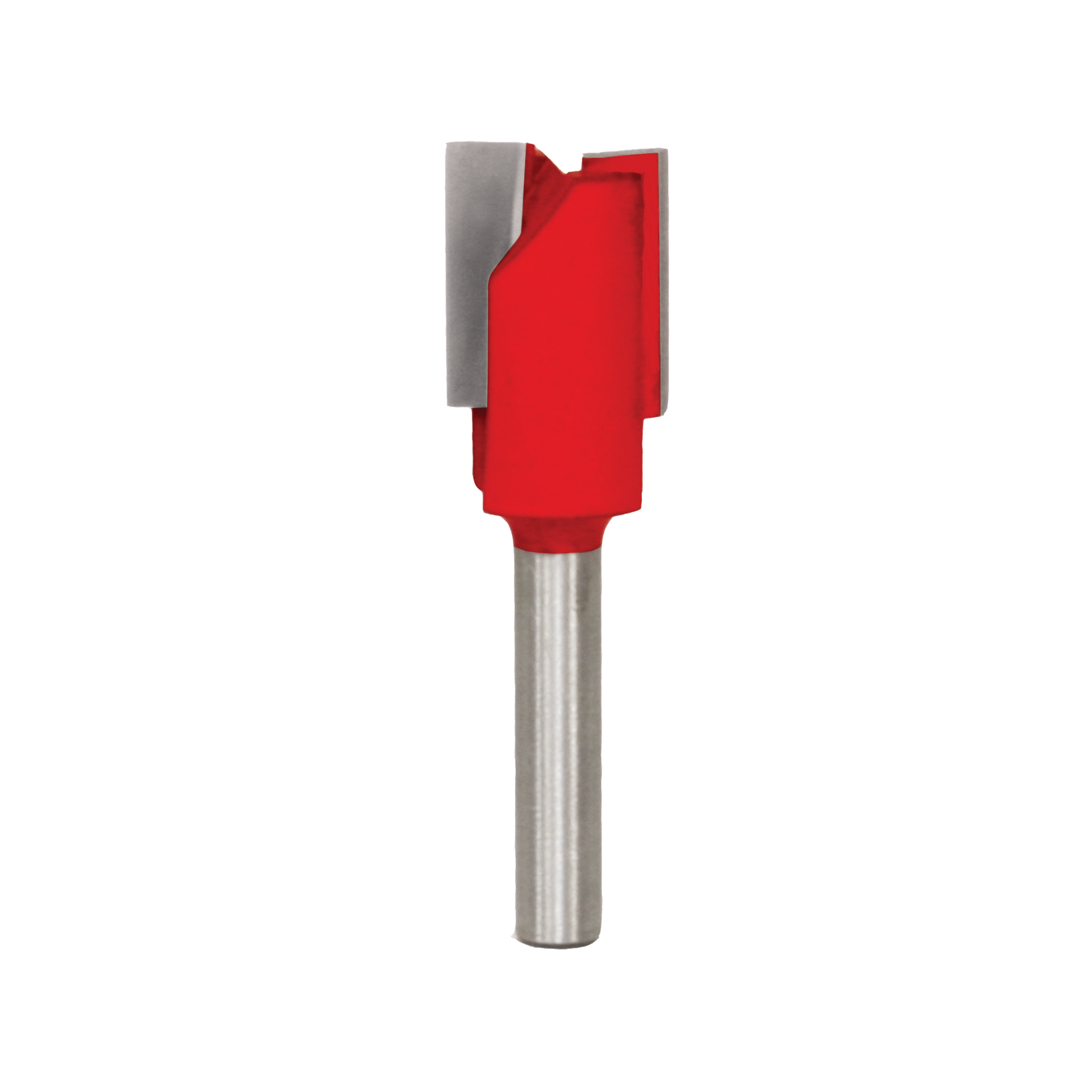Red and silver straight router bit with two flutes and cylindrical shank.