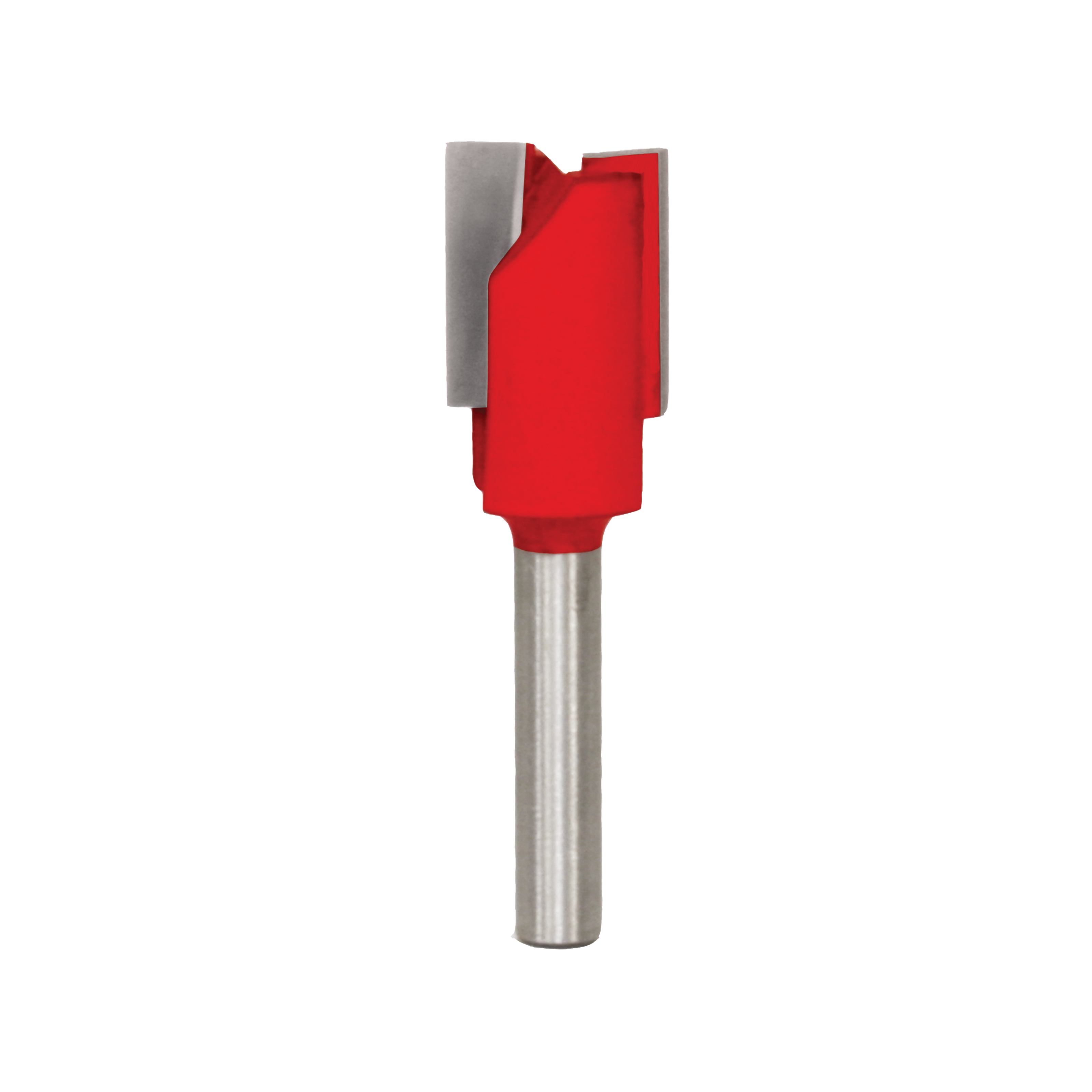 Red and silver straight router bit with two flutes and cylindrical shank.