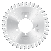 Freud conical scoring saw blade with angled teeth around perimeter and center mounting hole.