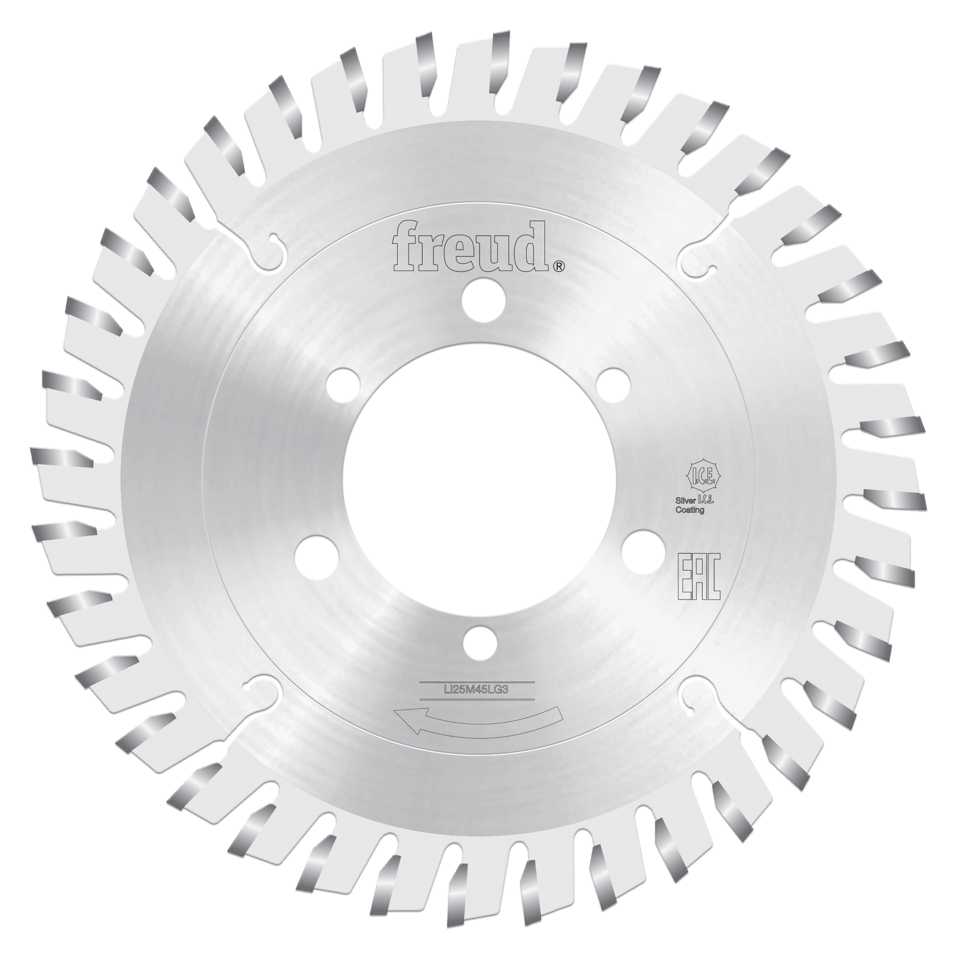 Freud conical scoring saw blade with angled teeth around perimeter and center mounting hole.