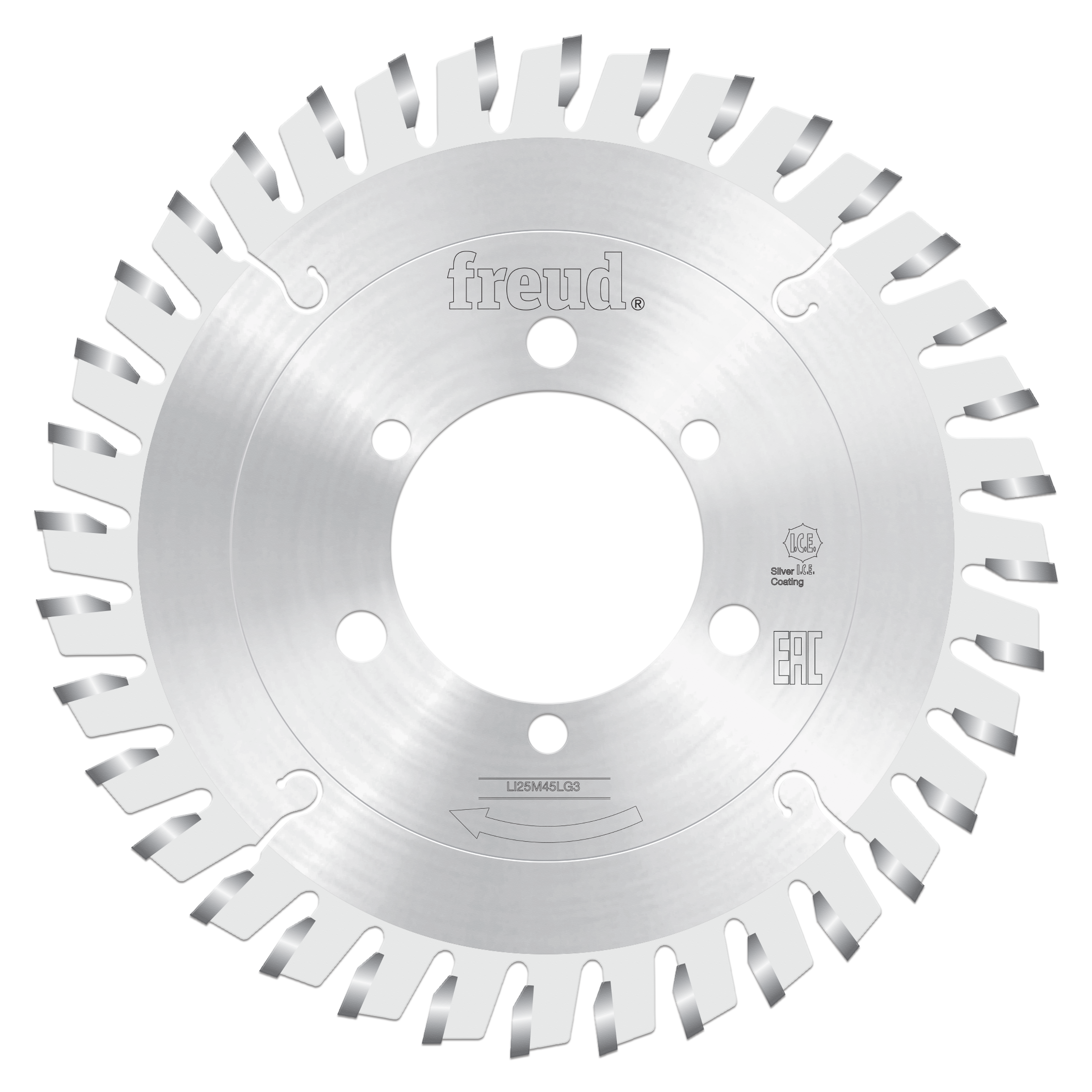 Freud conical scoring saw blade with angled teeth around perimeter and center mounting hole.
