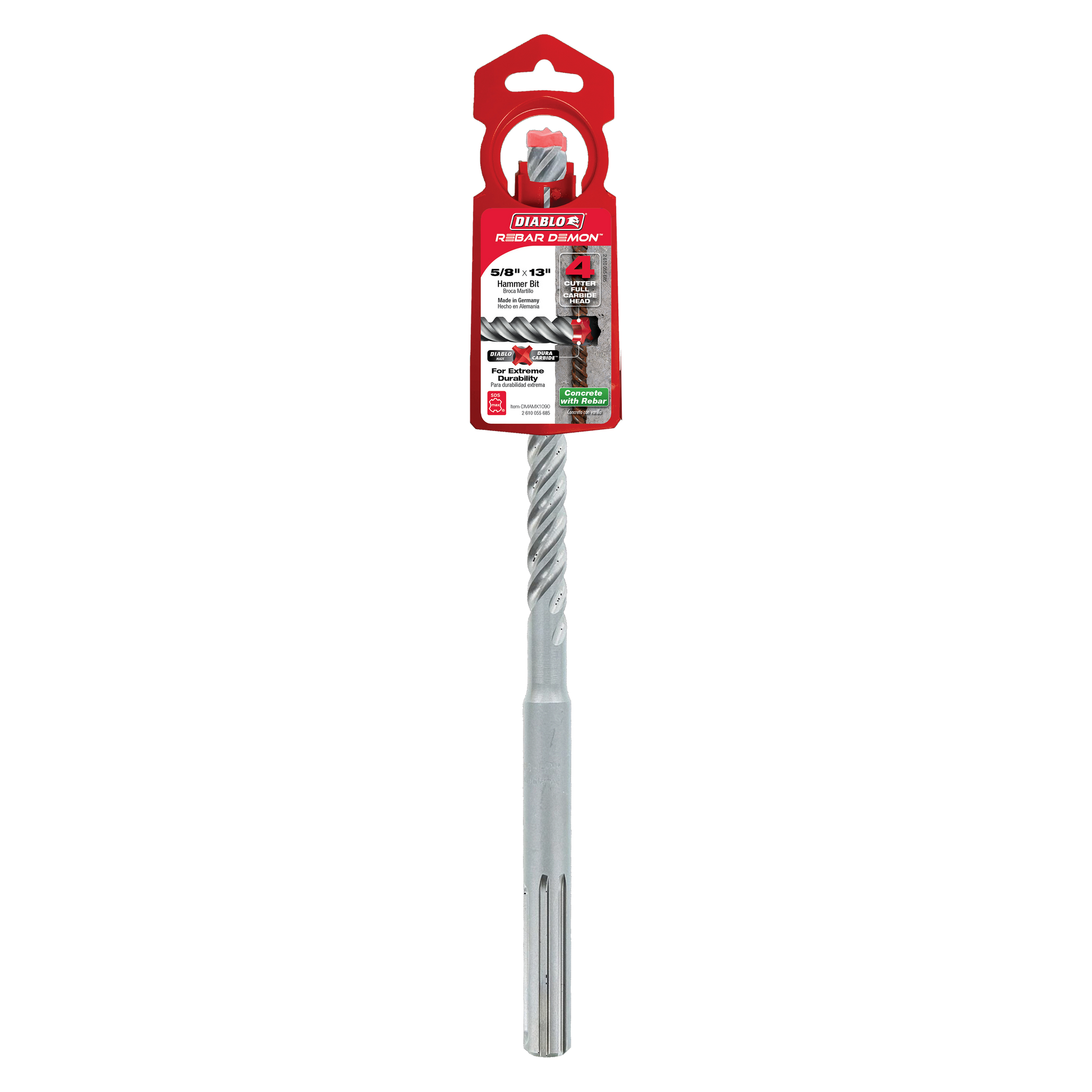 Diablo Rebar Demon SDS-Max hammer drill bit with spiral flutes and carbide cutting head, packaged in red cardboard.