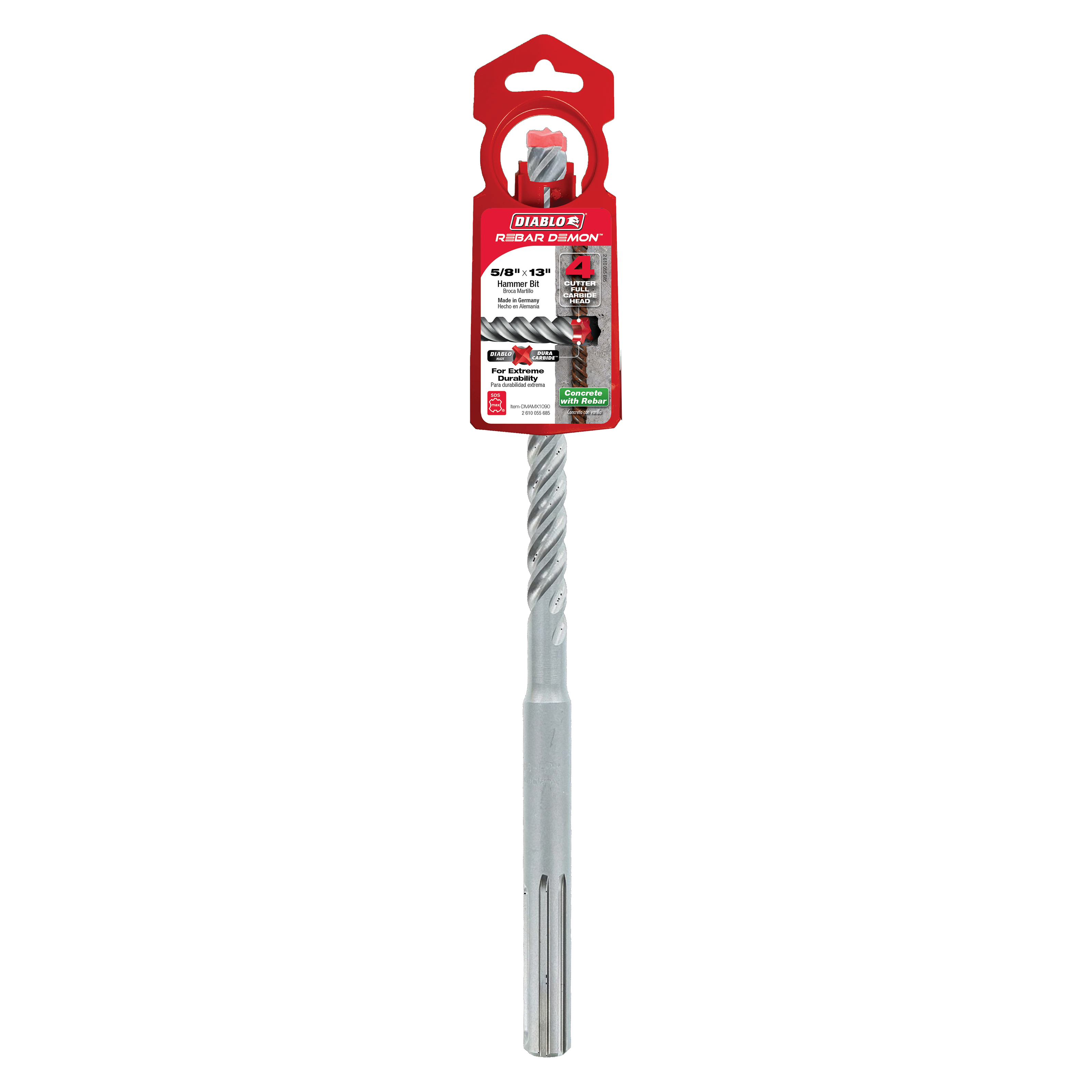Diablo Rebar Demon SDS-Max hammer drill bit with spiral flutes and carbide cutting head, packaged in red cardboard.