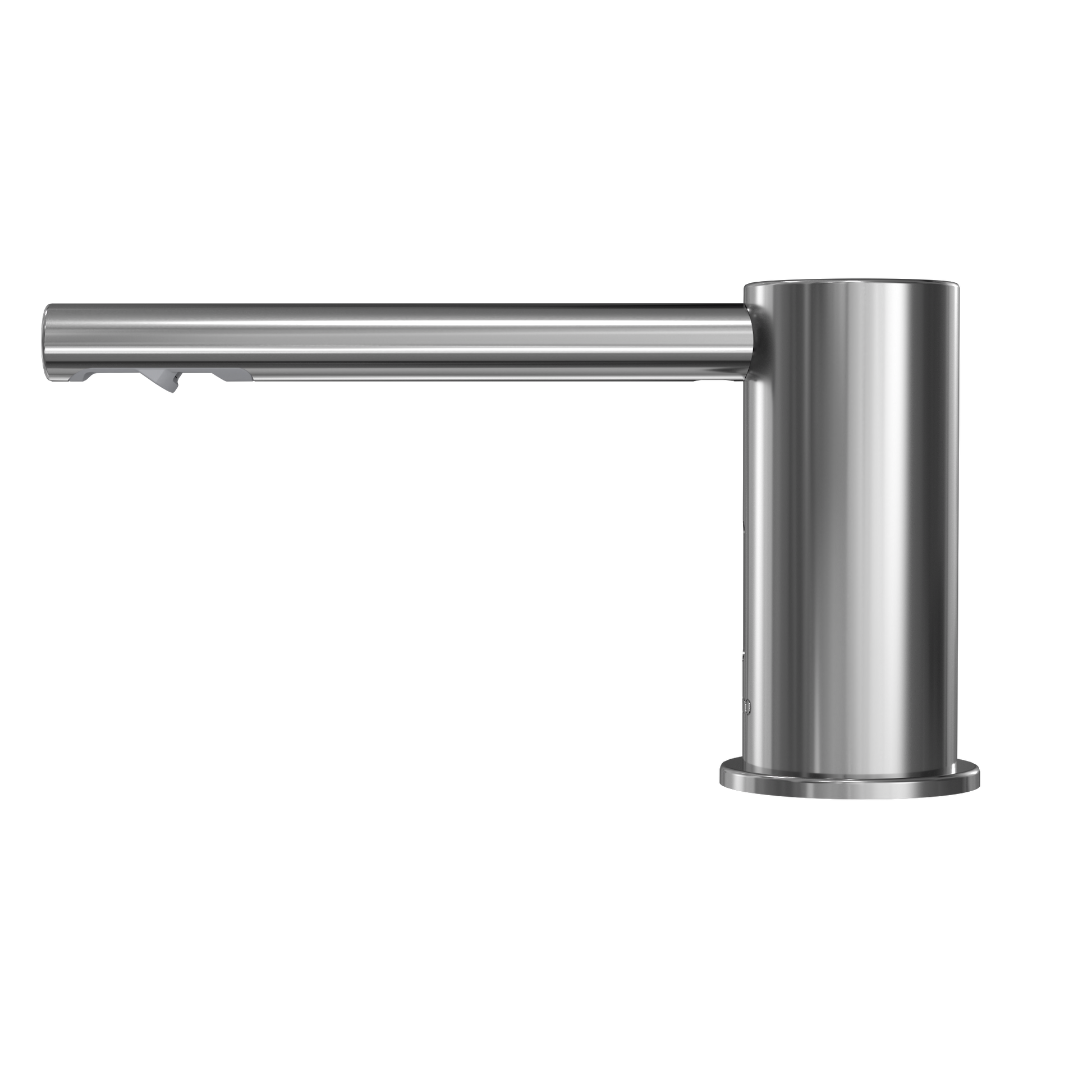 Polished chrome soap dispenser spout with cylindrical body and horizontal tube nozzle.
