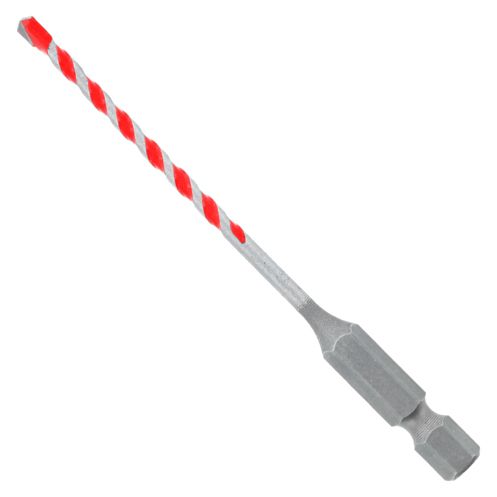 Red and silver spiral hammer drill bit with carbide tip and hex shank for granite drilling.