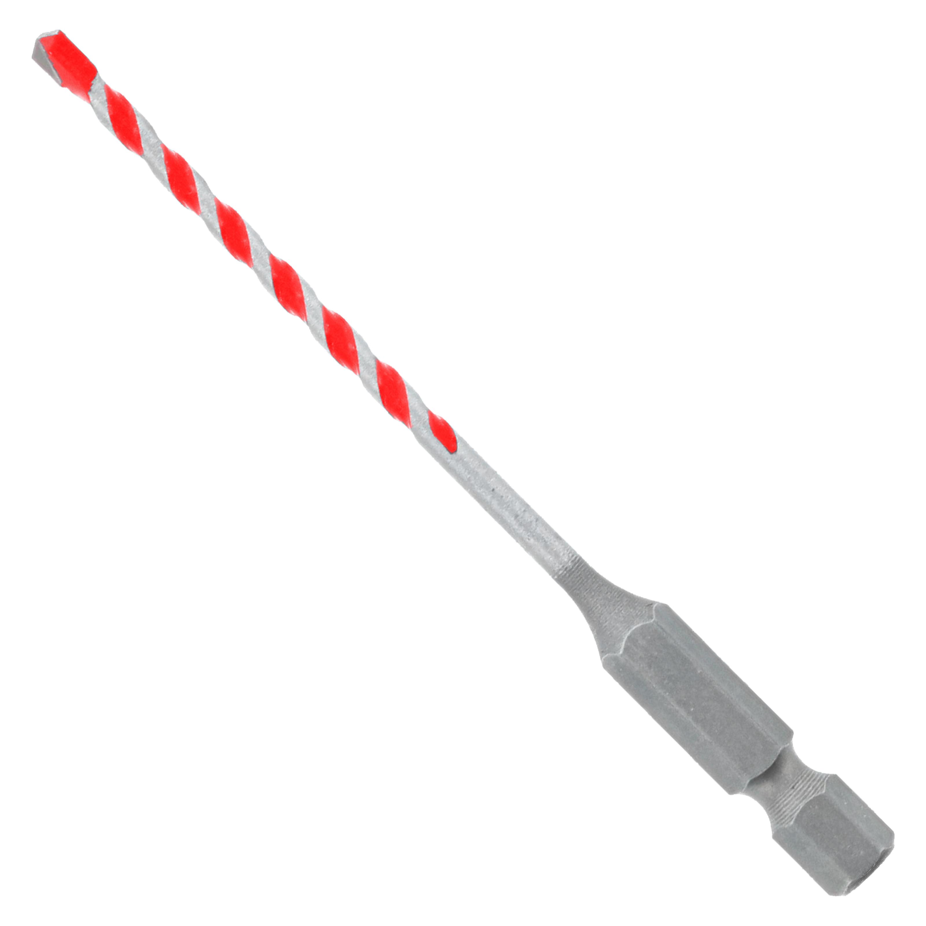 Red and silver spiral hammer drill bit with carbide tip and hex shank for granite drilling.