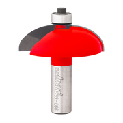 Red and gray router bit with rounded dome-shaped cutting head and cylindrical shank for woodworking applications.