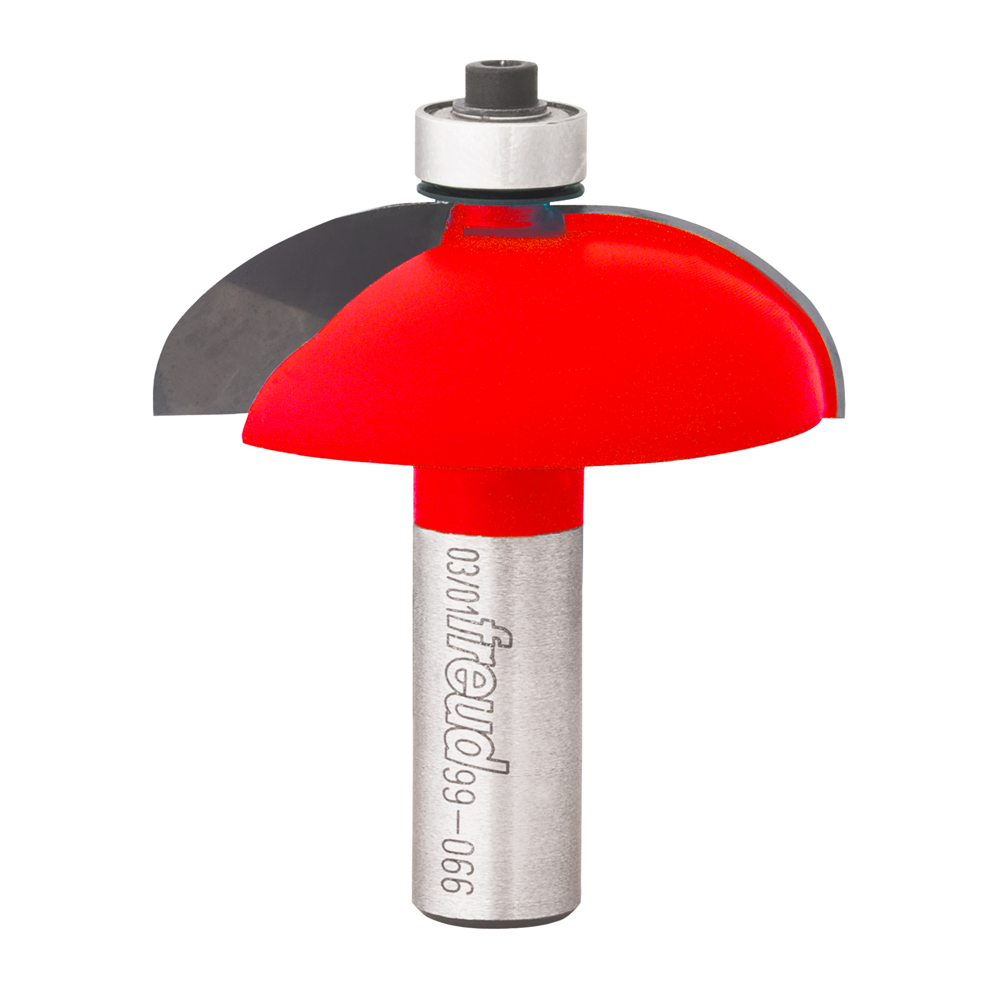 Red and gray router bit with rounded dome-shaped cutting head and cylindrical shank for woodworking applications.